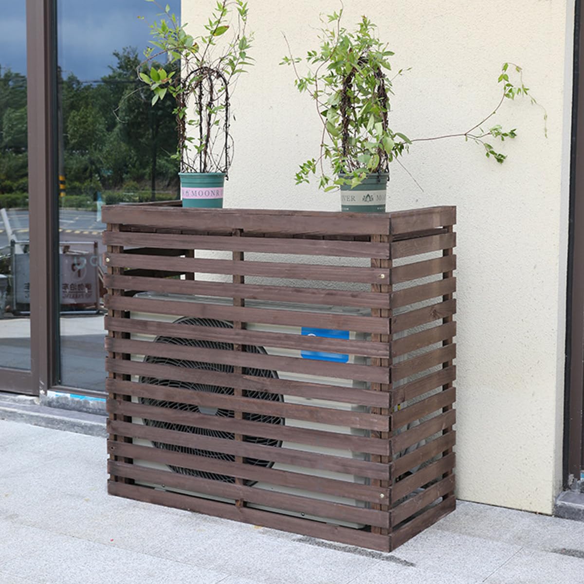 QYMYOZ Wooden Air Conditioner Cover - Outdoor Louvered AC Hood, Solid Wood AC Rack & Flower Stand, 85x35x80cm, Durable Weatherproof Protection for Outdoor Units