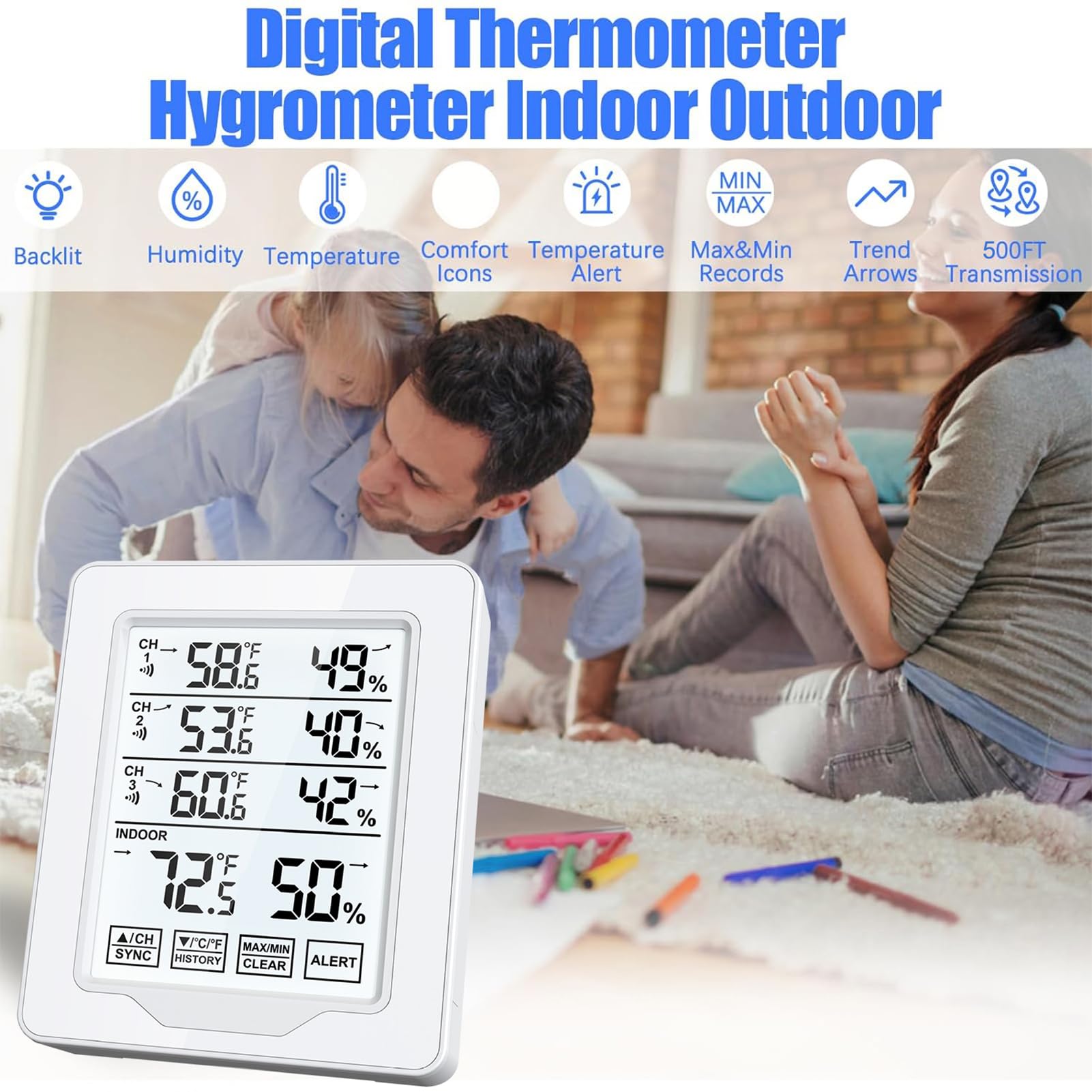 Termometro per interni ed esterni Monitor di umidità con 3 sensori remoti Termometro igrometro retroilluminato bianco Materiale ABS applicabile per ufficio domestico