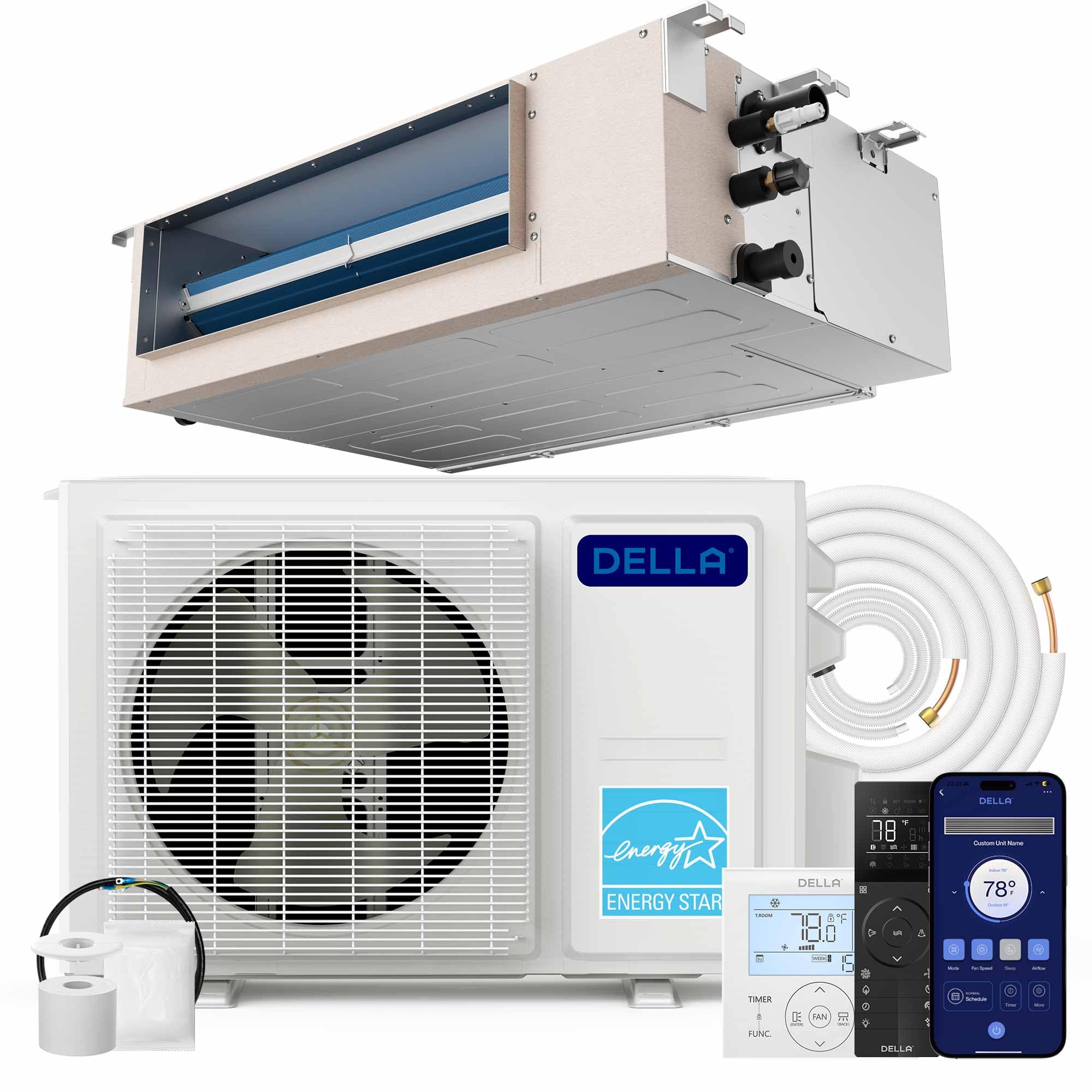 Della DELLA 17,000 BTU Concealed Ducted Mini Split Air Conditioner, 20.3 SEER2, Energy Star, Pre-Charged, 230V Inverter Heat Pump System, Compatible with Alexa and Wifi,16.4ft Installation Kit & Thermostat