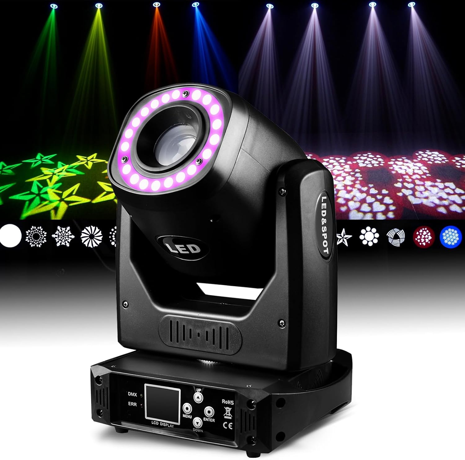 Photo 1 of  120W LED Moving Head Dj Lights 8 Colors 13 Gobos Spotlights Stage Lighting Static Rotating with Halo Effect 5-Facet Prism Sound DMX for Show Christmas Club Party Wedding 