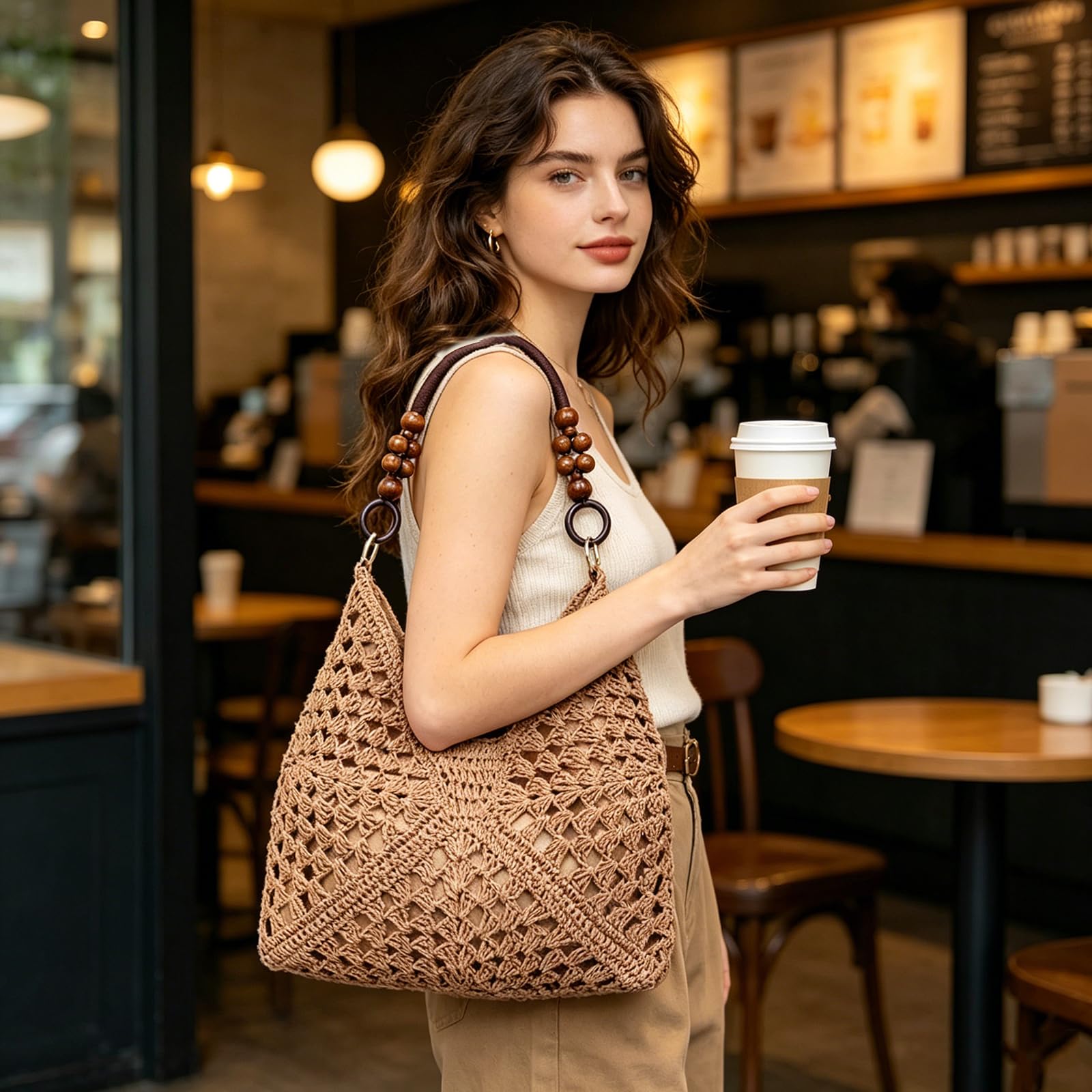 Sacs en Paille à Perles, Sac Bucket en Crochet pour Femmes, Sac à Épaule Tissé pour Été, Accessoire de Plage et Vacances
