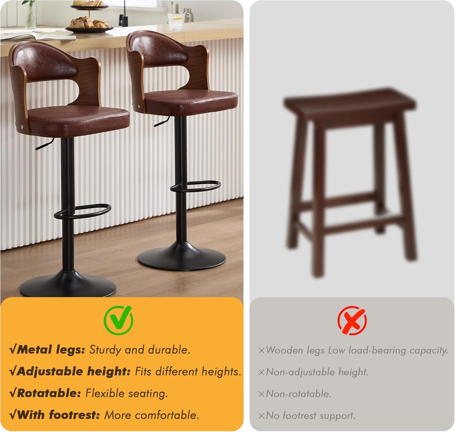 Bar Stools Set of 2, 360° Swivel Barstools with Solid Wood Back and Footrest, Leather Adjustable Counter Height Chairs for Kitchen, Bar, Dining Room (Brown)
