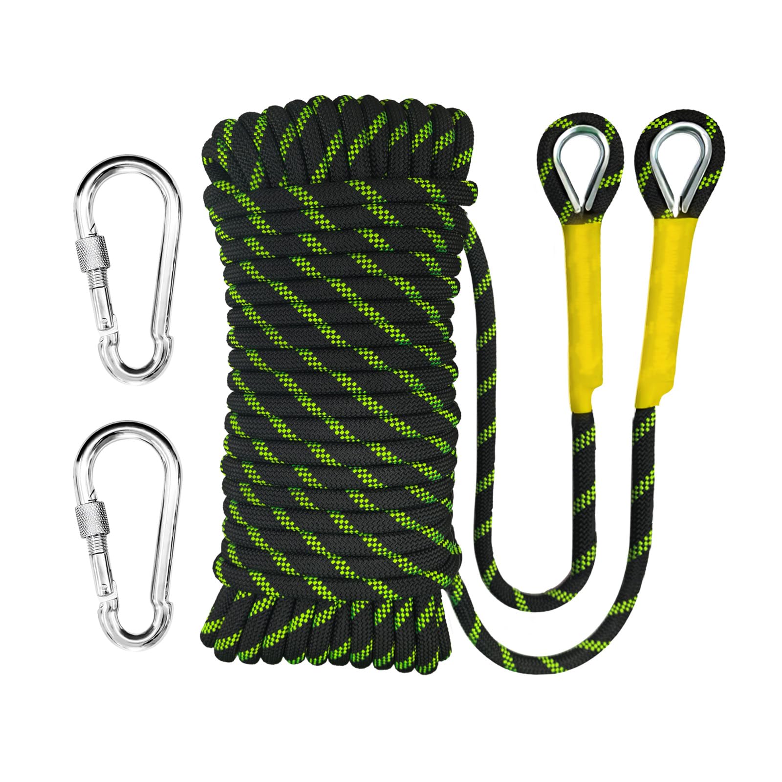 40m Corda Statica da Arrampicata 8mm con 2 Moschettone, UIAA | nylon ad alta resistenza, anti-abrasione, anti-UV, nero fluorescente, per alpinismo, soccorso e Campeggio