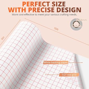 HTVRONT Clear Vinyl Transfer Paper Tape Roll 6 x 50 Feet Clear w/Red Alignment Grid - Application Transfer Tape Perfect for Self Adhesive Vinyl for Signs Stickers Decals Walls Doors & Windows