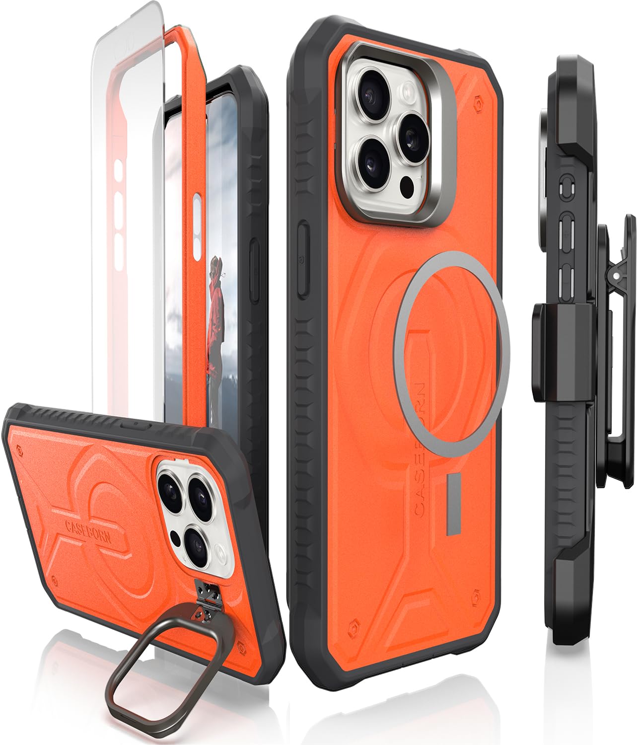 CaseBorne Compatible with iPhone 15 Pro Max Case - Compatible with Magnetic Charger, Slim yet Robust with Tempered Glass Screen Protector, Includes Stand & Belt Clip Holster