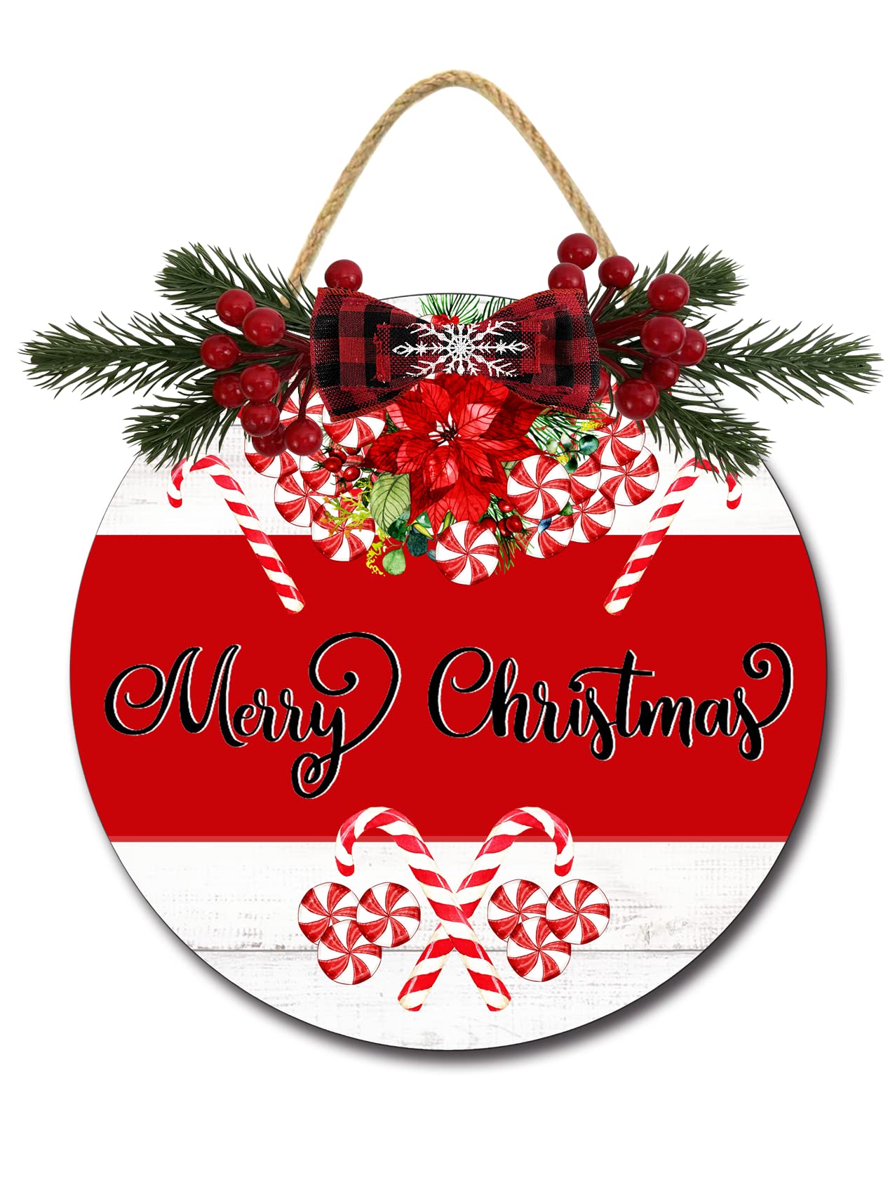 Front Door Porch Decorations Christmas Candy Cane Door Hanging Sign 12 inch Wooden Wall Sign, Rustic Holiday Wreath Decor for Front Door Porch Home