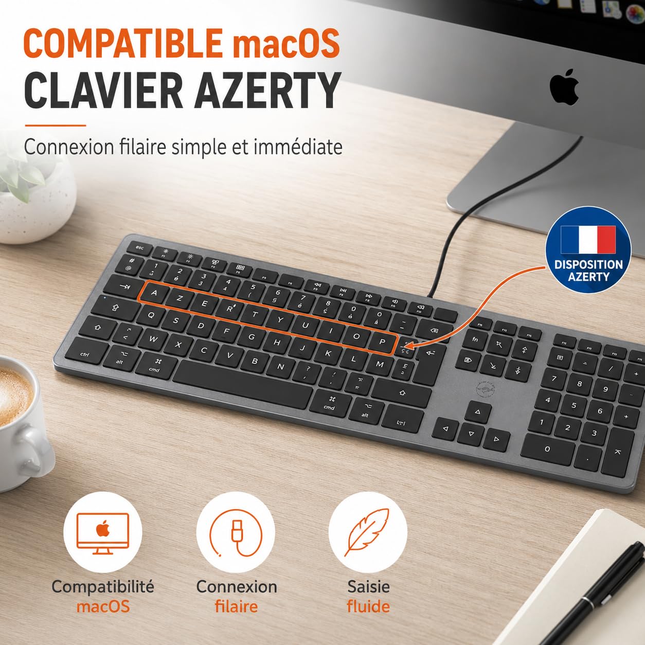 Mobility Lab Clavier français AZERTY filaire pour Mac – gris sidéral et noir