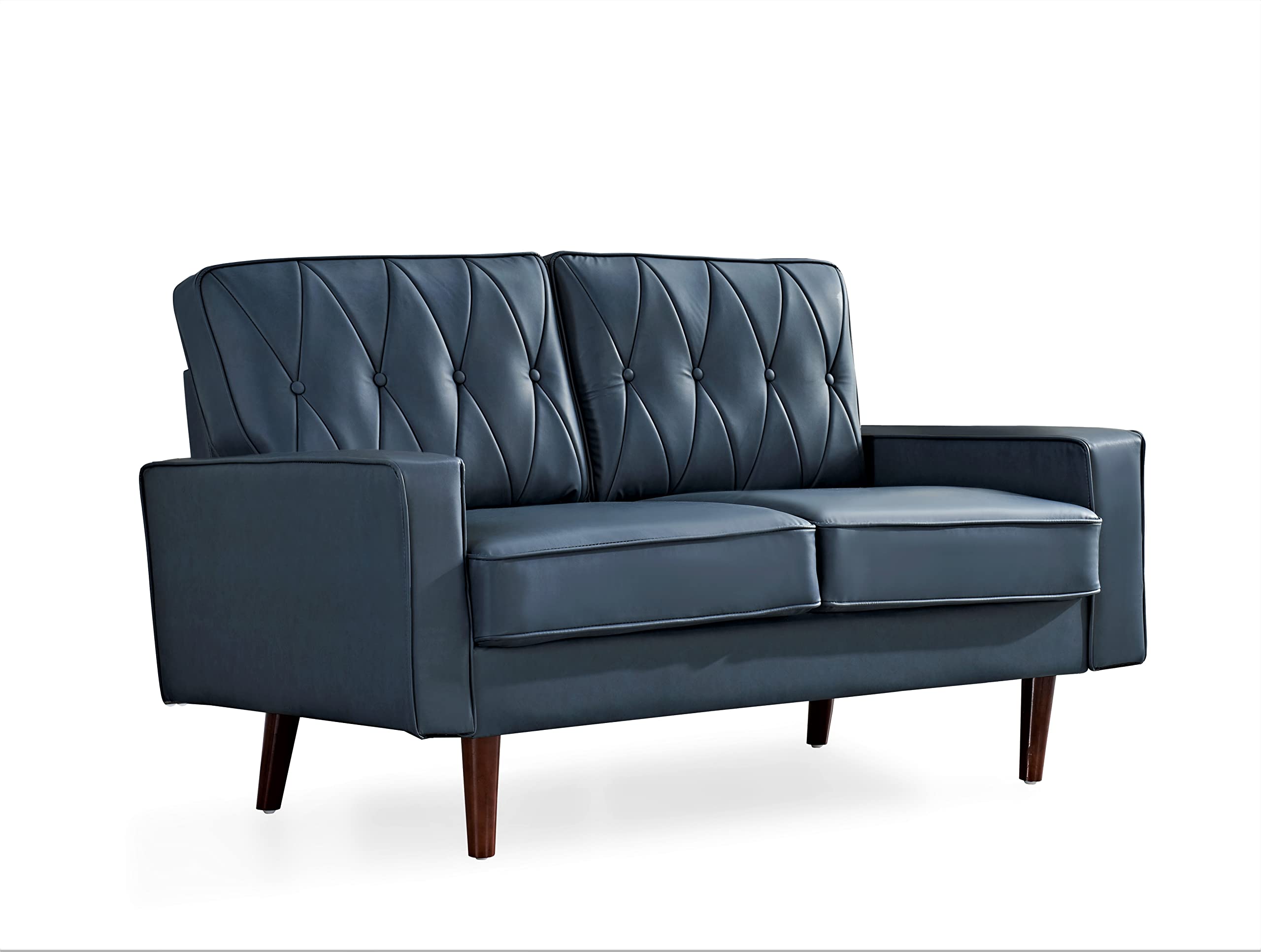 Modern Style Faux Leather Loveseat with Elegant Round Tapered Legs and Button Tufted Backrest Perfect for Living Room, Bedroom or Home Office, 57.5’’ Wide, Blue