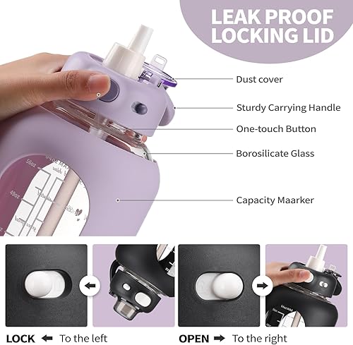 Miniatura 3 de SIEROZUR Botella de agua de vidrio de 64 onzas con popote y asa, botella de agua grande de medio galón con funda de silicona y marcador de tiempo