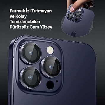 Minesk iPhone 15 Pro - 15 Pro Max / 14Pro - 14ProMax Modellerinin Tümüne Uyumlu Alüminyum Alaşım Çerçeveli ve 9H Sertliğinde Temperli Camlı Lens Koruyucu (Titanyum Mavi)