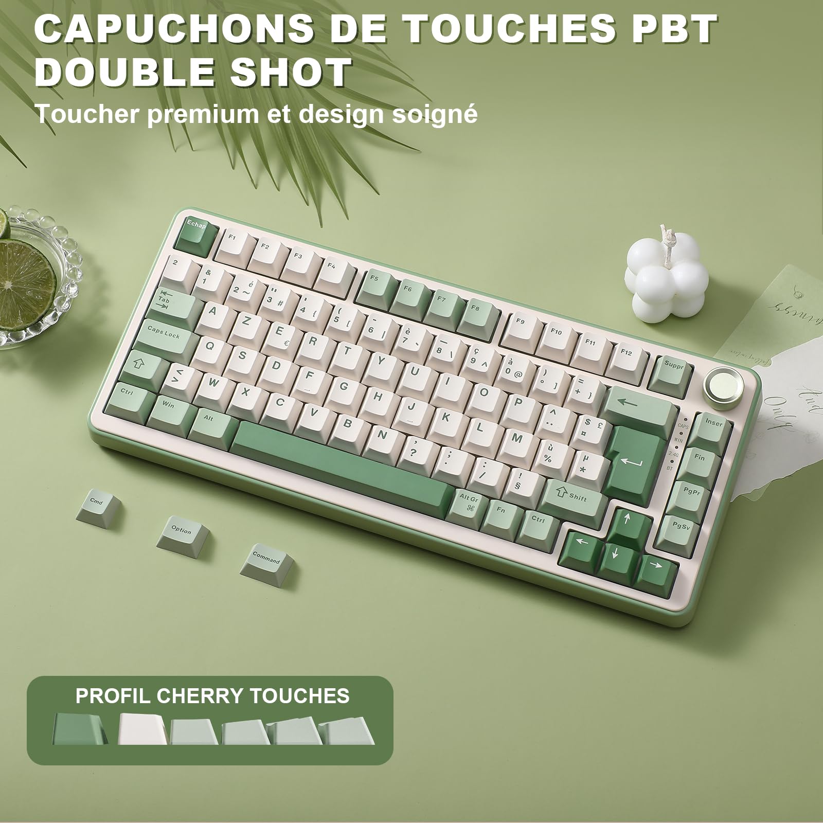 YUNZII B75 PRO Teclado mecánico inalámbrico para juegos, diseño AZERTY, formato 75%, Bluetooth 5.0/2.4GHz/USB-C, RGB, conmutadores intercambiables en caliente, estructura gasket (Matcha Green, Milk | francés. Disposición 75%, Bluetooth 5.0/2,4/USB-C con c