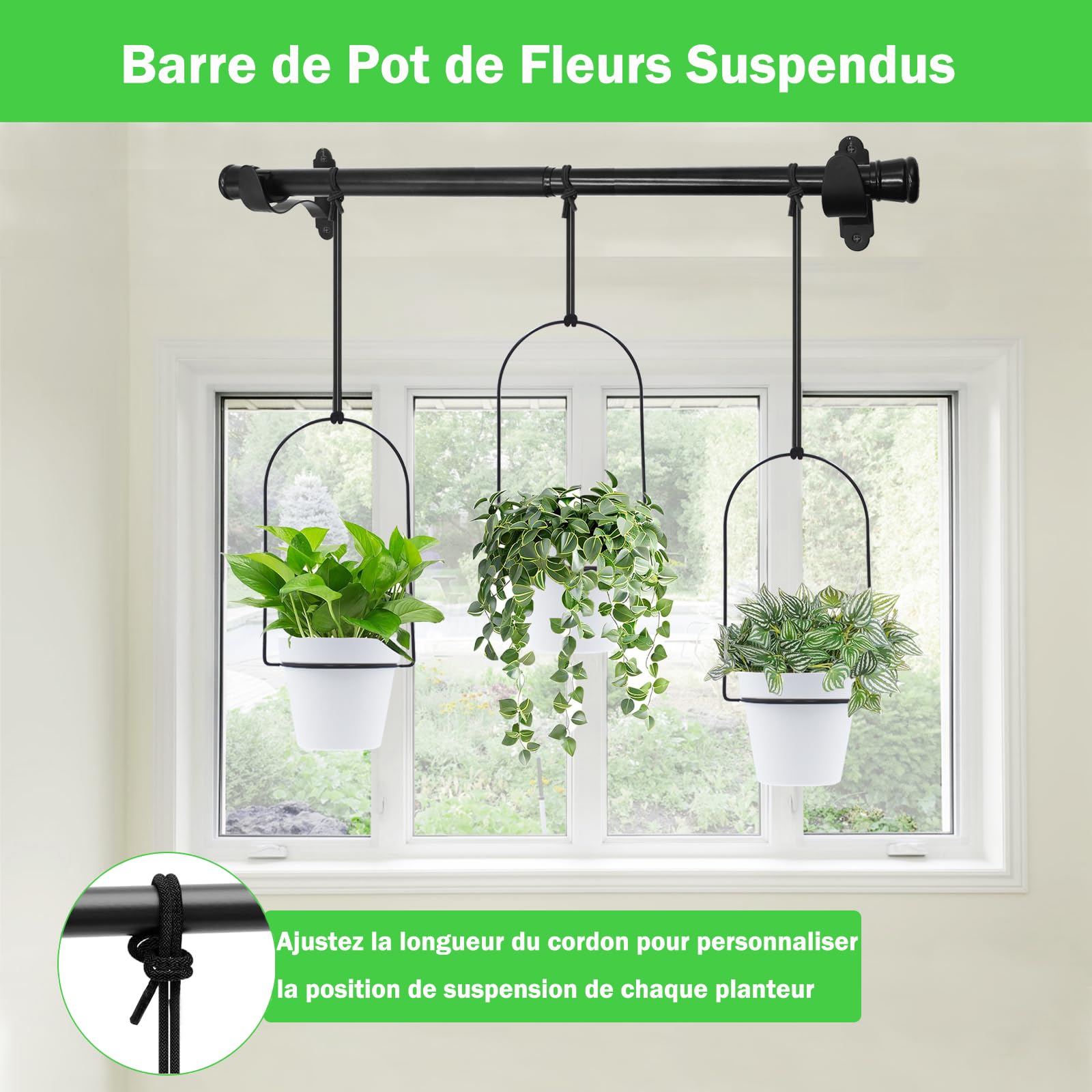Barre de Pot de Fleurs Suspendus en Métal Réglable pour Plantes Intérieures Extérieures, 58cm Étagère de Plante Murale et Fenêtre avec 3 Pots, Tige de Support de Plante Salon Balcon Jardin