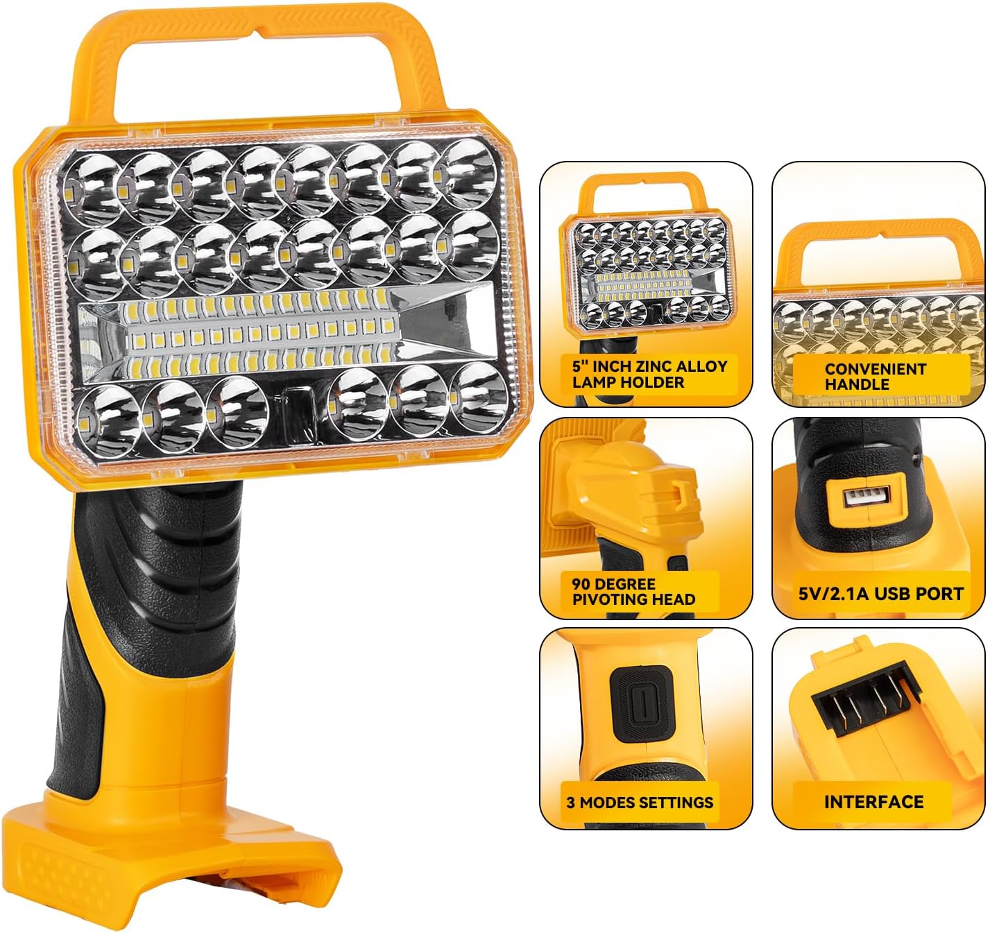 18W 2000LM Cordless LED Work Light for Dewalt 20V MAX Li-Ion Battery, Flashlight with 3 Brightness Settings, 90° Adjustable Head, 5V/2.1A USB Port (Batteries Not Included)
