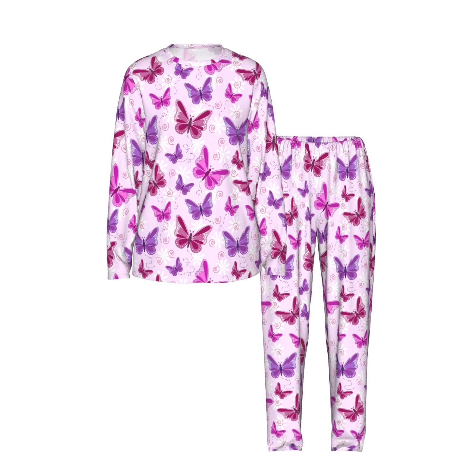 Pigiama da donna a maniche lunghe con stampa a farfalla rosa per vacanze, yoga, uscite casual, comodo regalo
