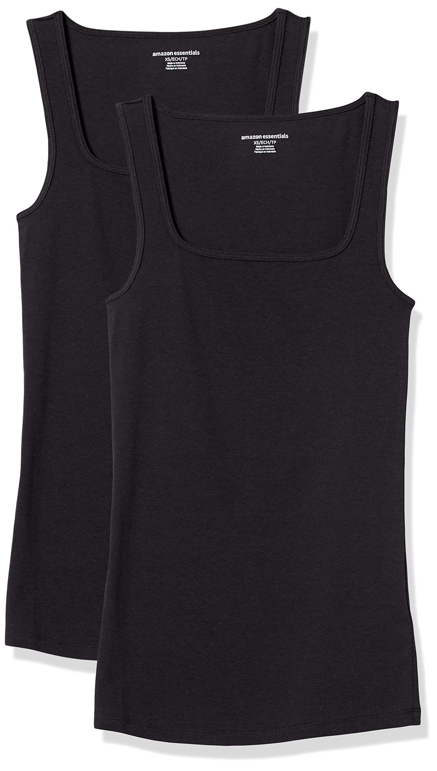 Amazon Essentials Damen Schmal Geschnittenes Tanktop Mit Quadratischem Ausschnitt, 2er-Pack, Schwarz, M