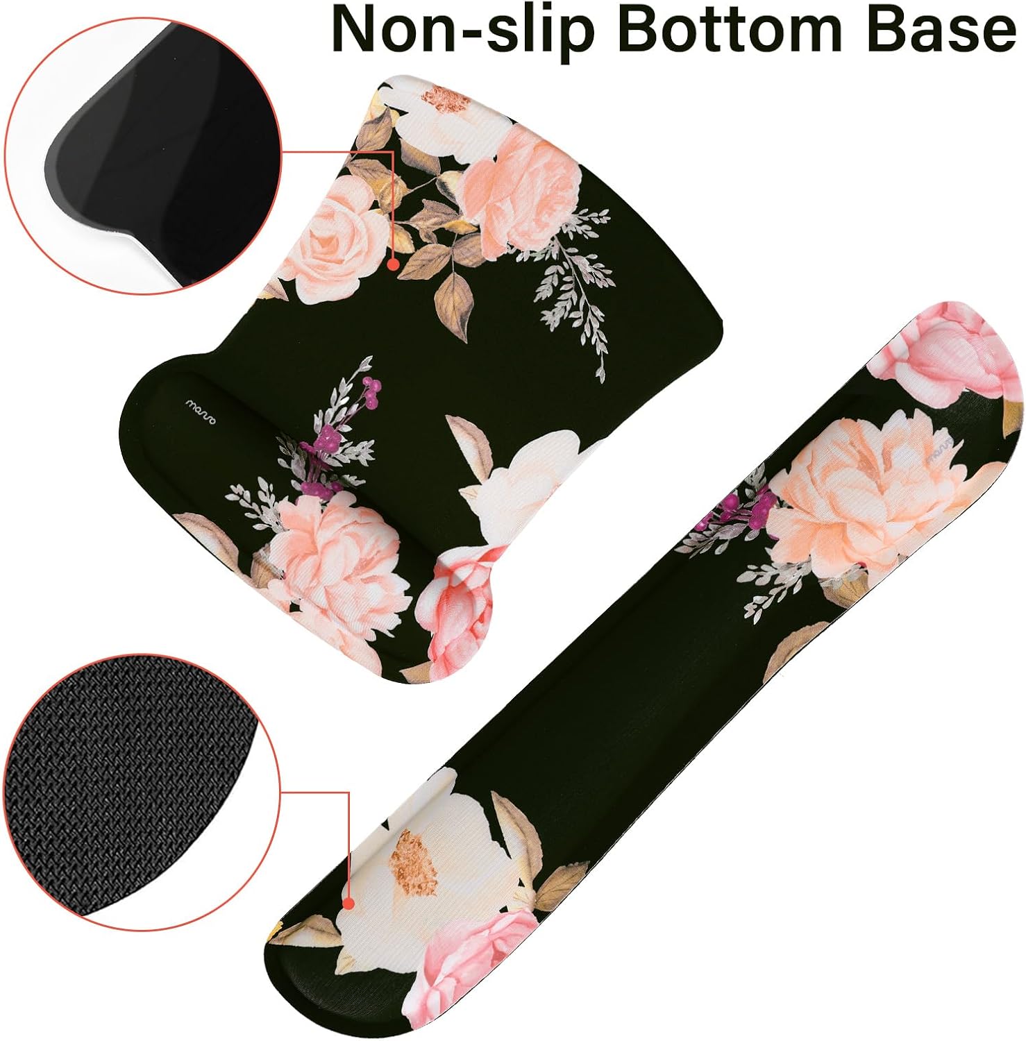 MOSISO Keyboard Mouse Pad Set, Large Gaming Mousepad&Keyboard Wrist Rest&Mouse Pad with Wrist Rest&Coaster, Peony Ergonomic Non-Slip Mousepad with Raised Memory Foam for Home Office, Black