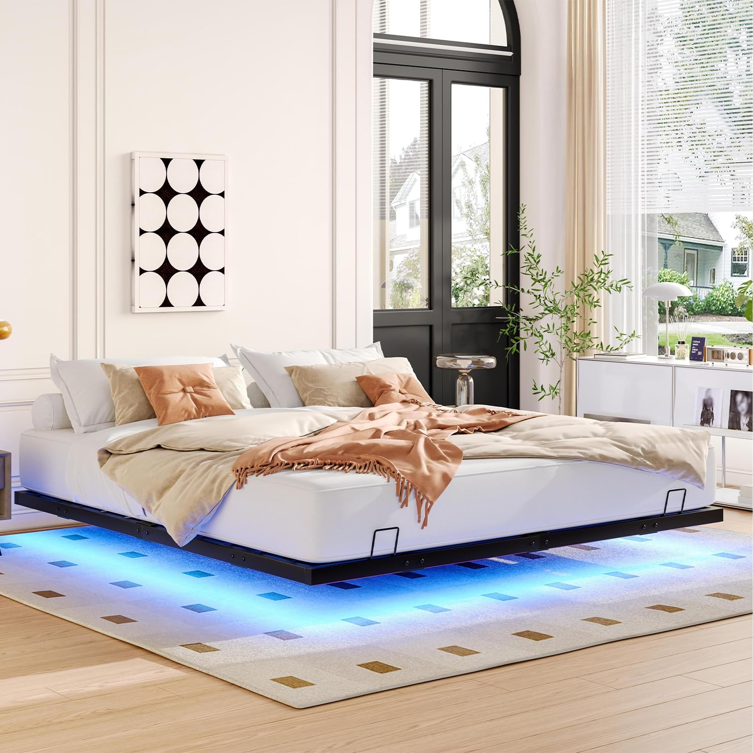 King Size Floating Bed Frame with LED Lights Modern Metal Platform Bed with Heavy Duty Strong Support Slats
