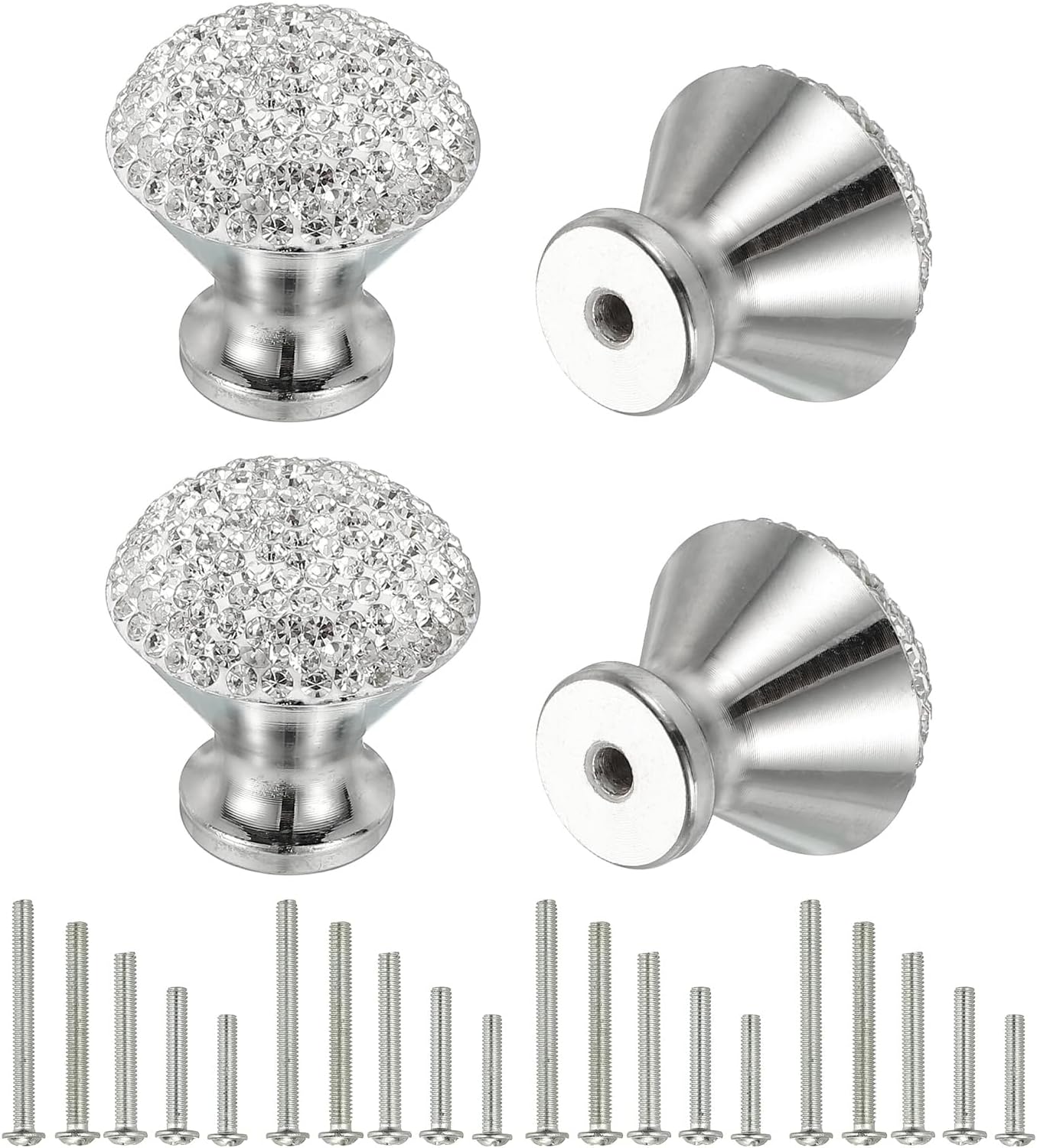 uxcell Drawer Knobs,4Pcs 1.1 Inch (28mm) Diameter Bling Diamond Decoration Cabinet Knob, Round Rhinestones Pull Handle with Screws for Home, Office, Kitchen (White Base + White Diamond)