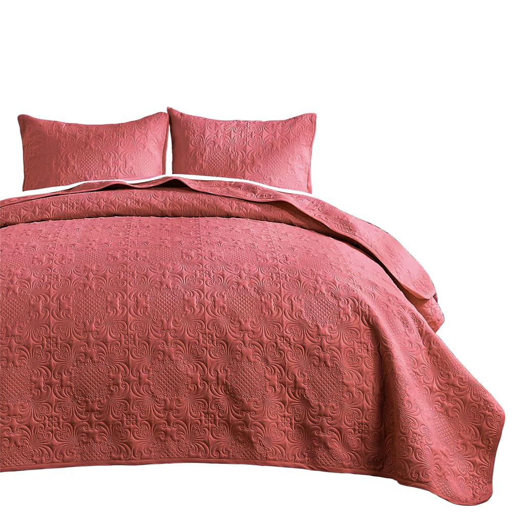 Indigo & Poppy Bedspreads King Size Soft Lightweight Summer Bedspread Vintage Flower Pattern Breathable - Polyester Ultrasonic Quilting Technology Coverlet Set with Pillow Shams, Red 270x243cm-image-26
