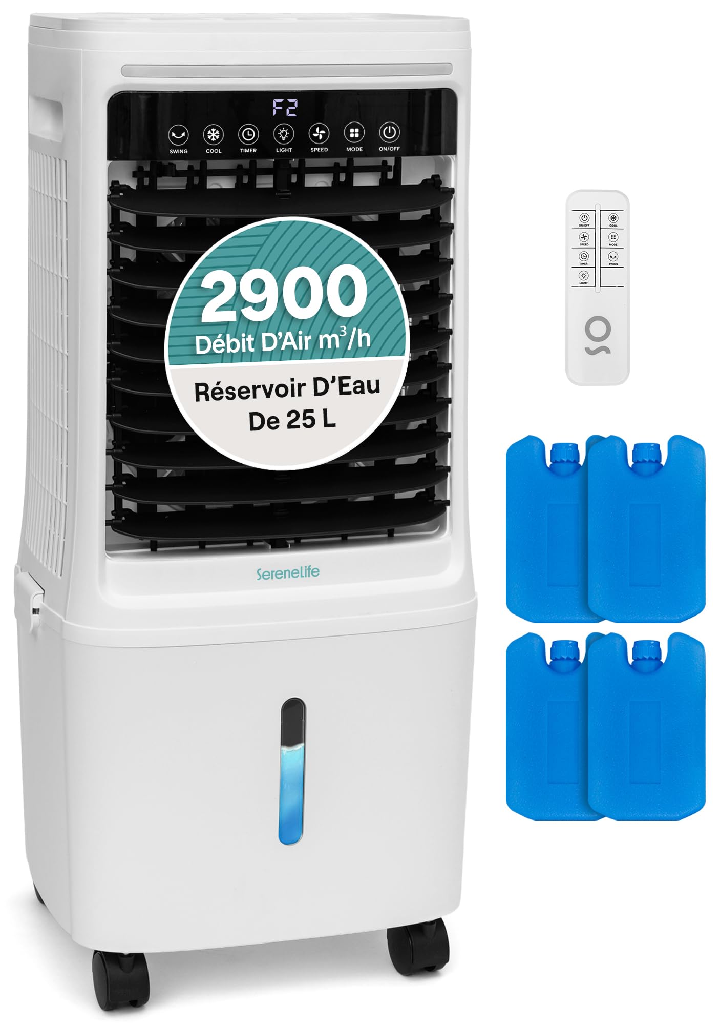 SereneLife Rafraîchisseur d’Air Évaporatif 25 L – Ventilateur Puissant avec Fonction Glaçons, Écran LED, Réservoir Amovible, pour Maison et Bureau