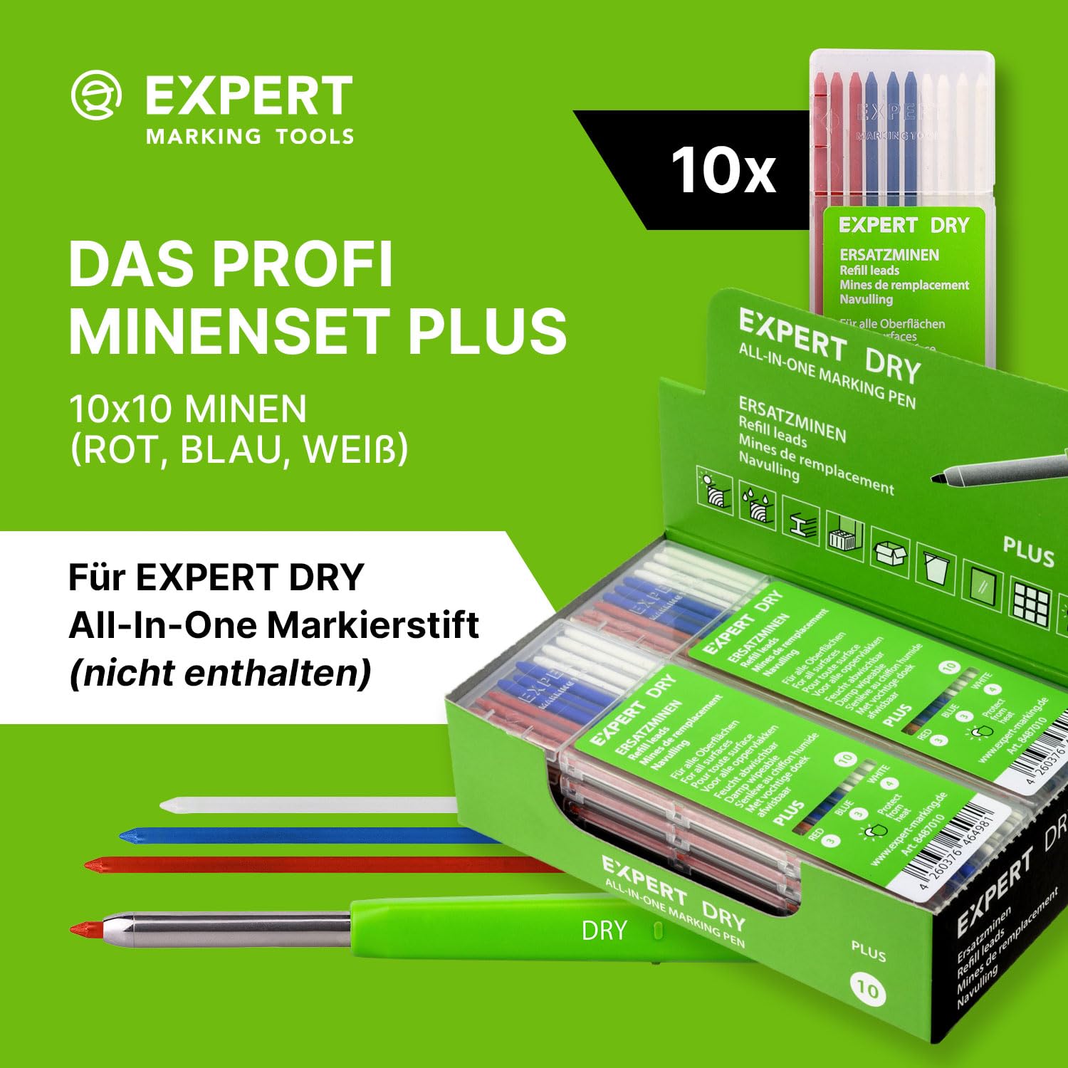 EXPERT Juego de minas Dry Plus Pro Pack | Versátil para vidrio, madera, metal y más | Se puede quitar la humedad | colores: rojo, azul, blanco | 10 x 10 minas especiales | ideal para manualidades y