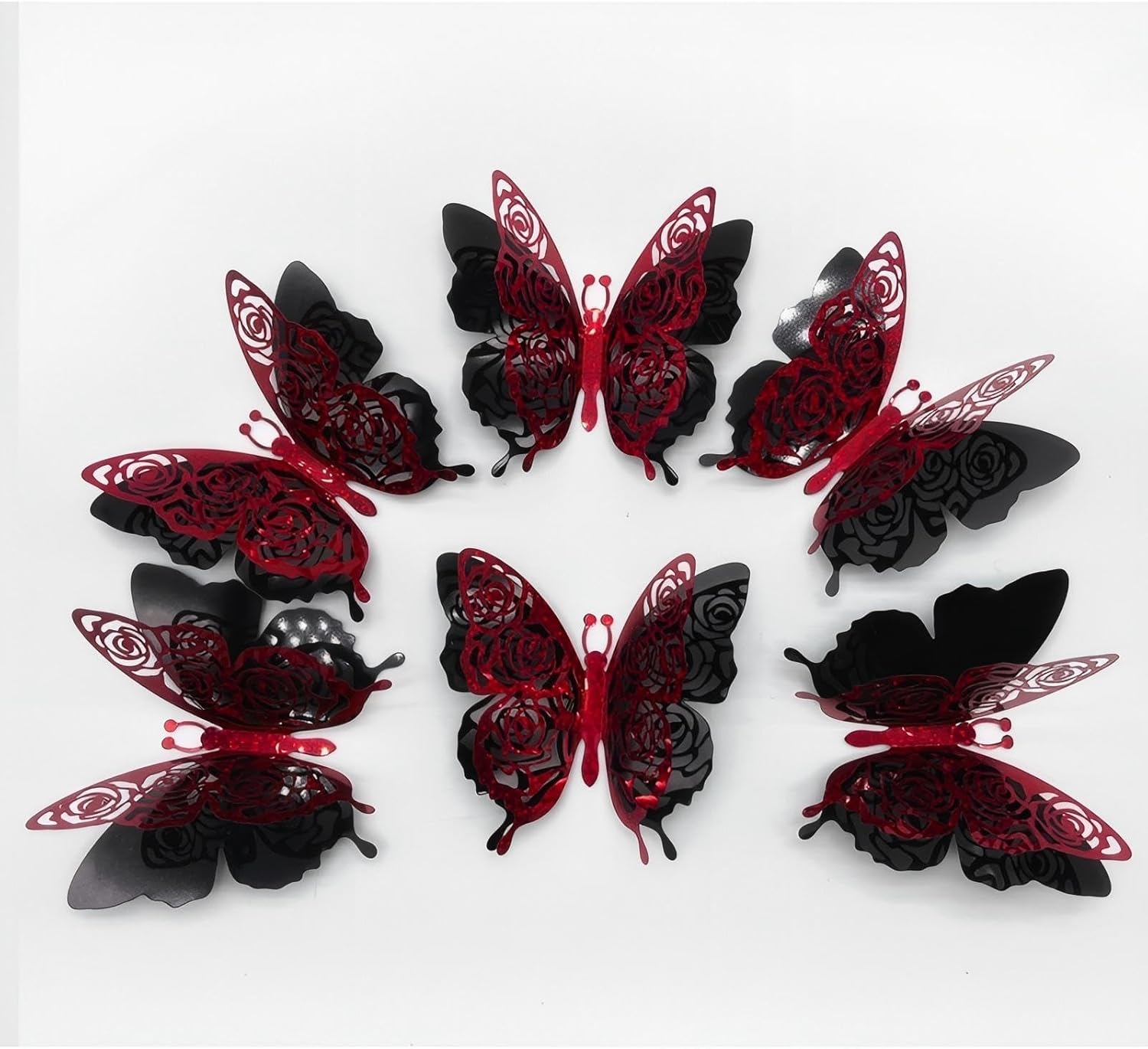 3D Butterfly Wall Decor Party Rose Butterfly Sticker Decoration 3.85x4.6 inche Red Black Double Deck Removable Sticker for Birthday Holiday Party Decoration-6pcs