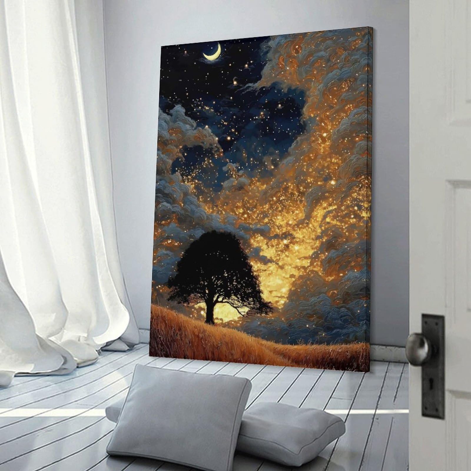 Junmoney Canvas Wall Picture Night Sky Tree with Golden Clouds, 12x18inch(30x45cm), for Bedroom Decor, Cosy Corners Or Studios, A Warm Accent for Relaxed Interiors