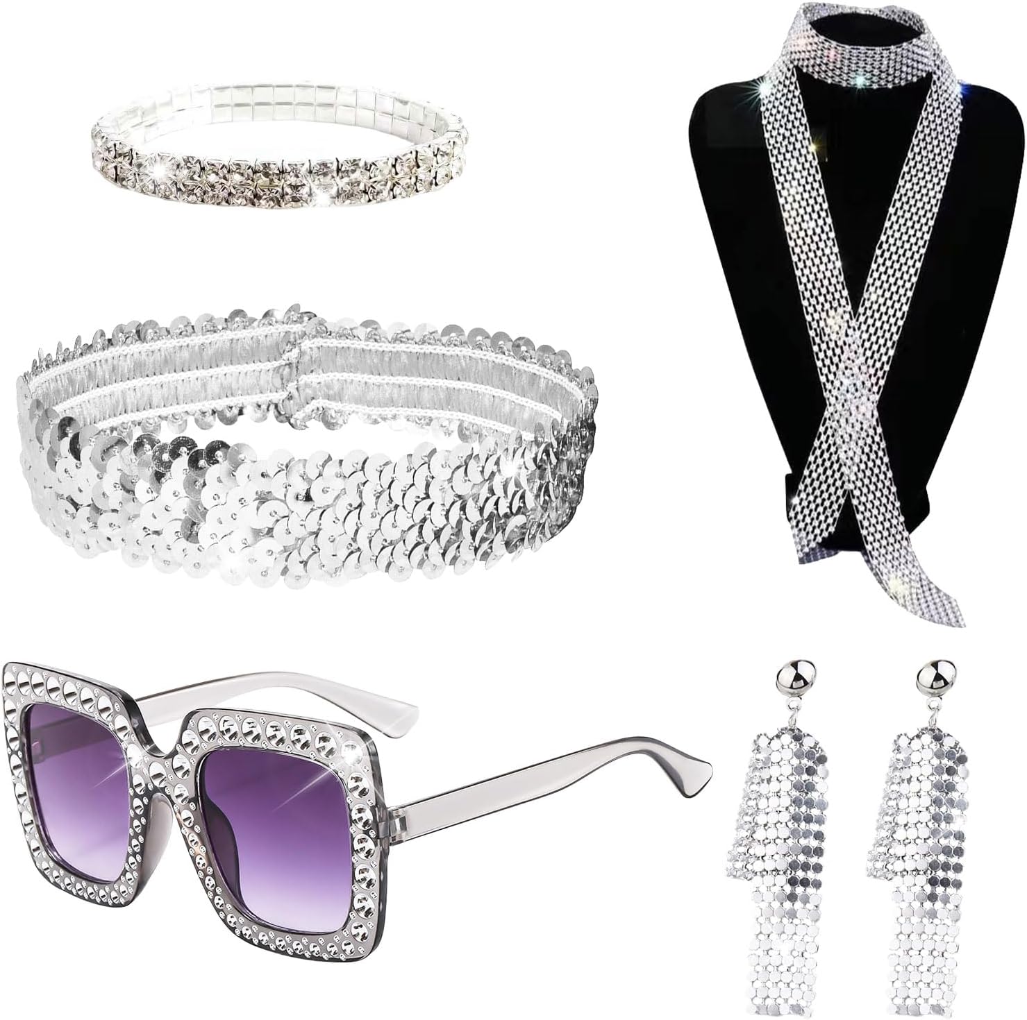 HOWAF Accessoires voor disco uit de jaren '70, discokostuum, discobril, sprankelende zonnebril, lange sjaal, jaren 70 ketting, oorbellen, hoofdband, stijlarmband