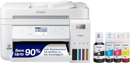 Epson EcoTank ET-3843 Impresora inalámbrica a color todo en uno sin cartuchos con escáner, copiadora, ADF y Ethernet, para la oficina en casa