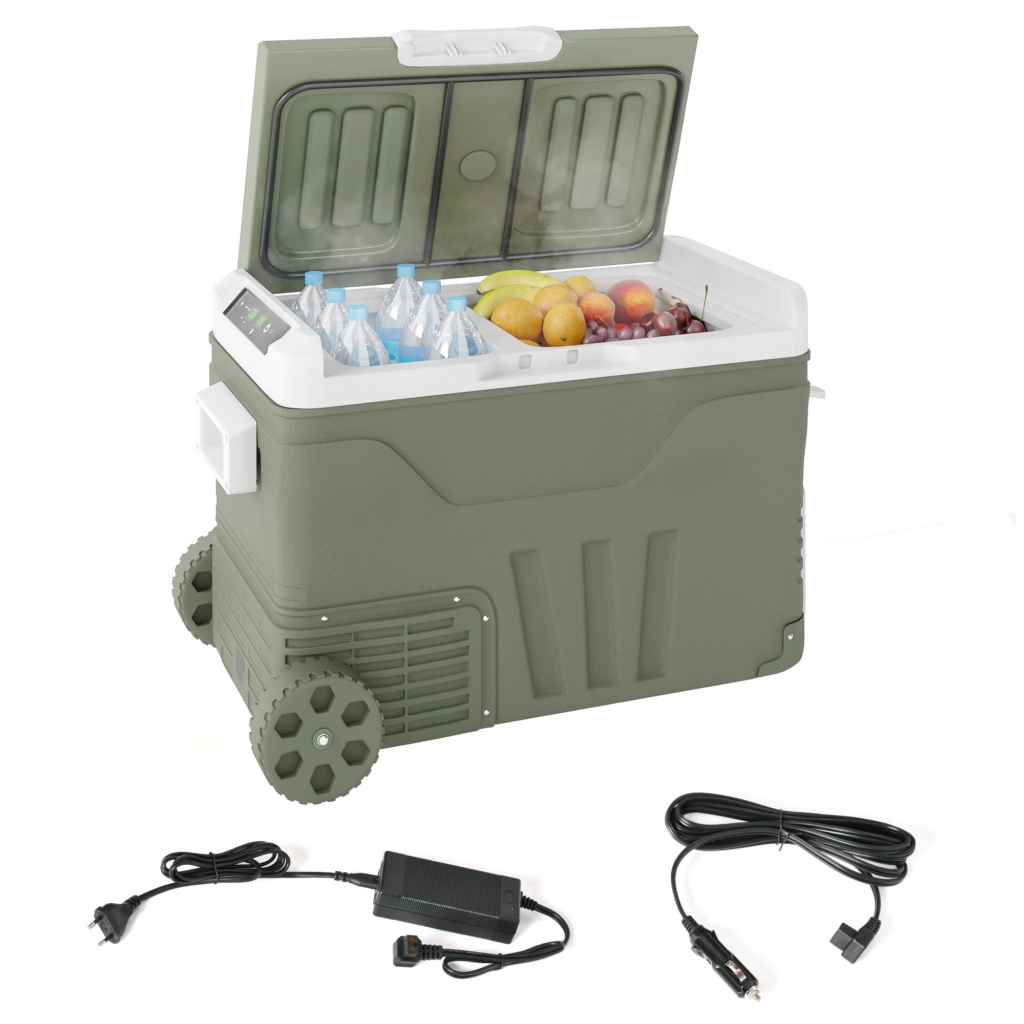 Outsunny 33 Liter Kompressor Kühlbox Leiser Elektrisch bis -20℃ Rolle Grün | Mini Kühlschrank, Kühlbox mit LED, Kühlfunktion, Gefrierbox, Thermobox, 12/230 Volt, für Auto LKW Camping Boot Reisen