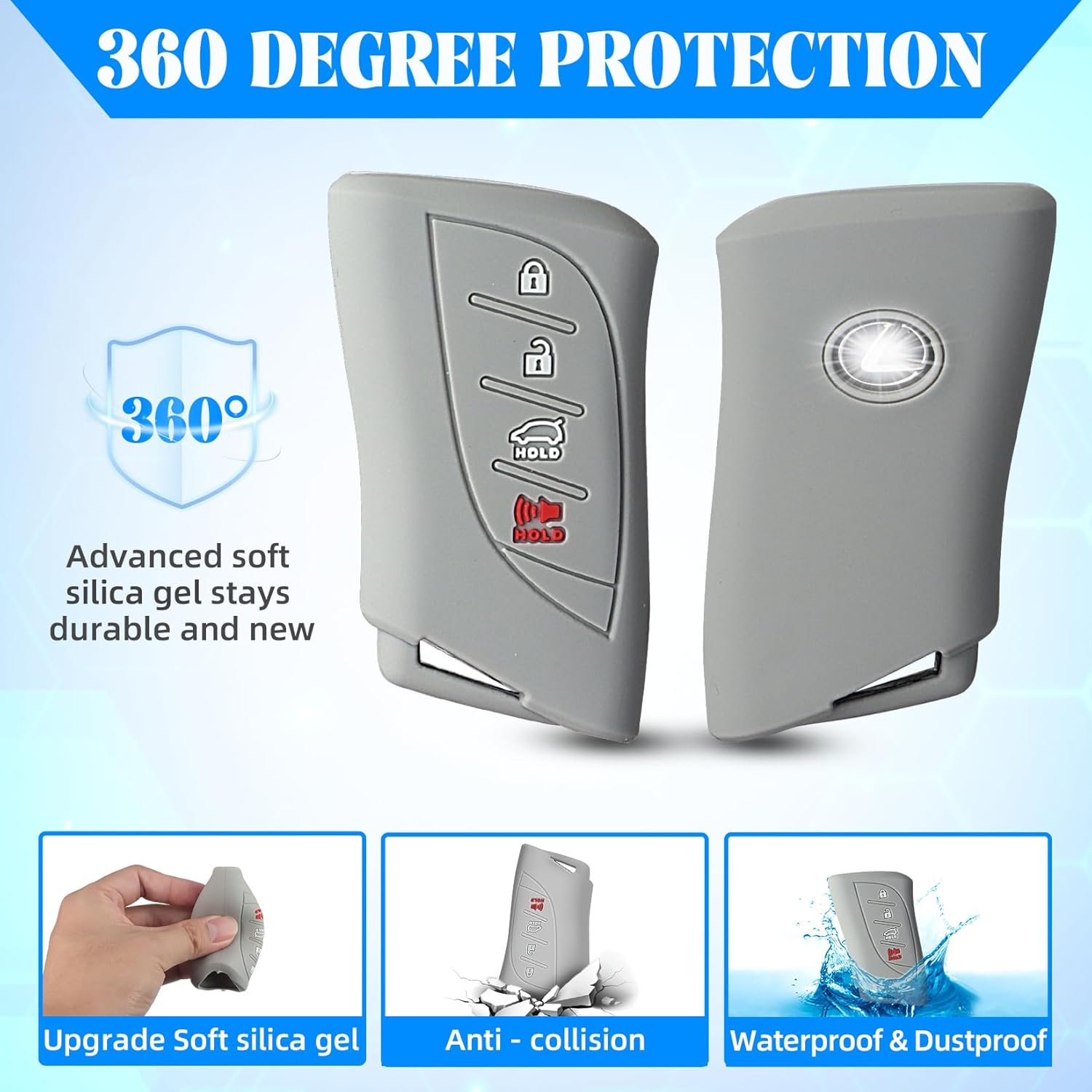 QBUC for Lexus Key Fob Cover, 2Pcs Silicone Car Key Case Protector Compatible with Lexus 2018-2025 ES LS UX RX GX NX LX TX RZ LC 4 Buttons (Black+Grey, B Type) - Image 4