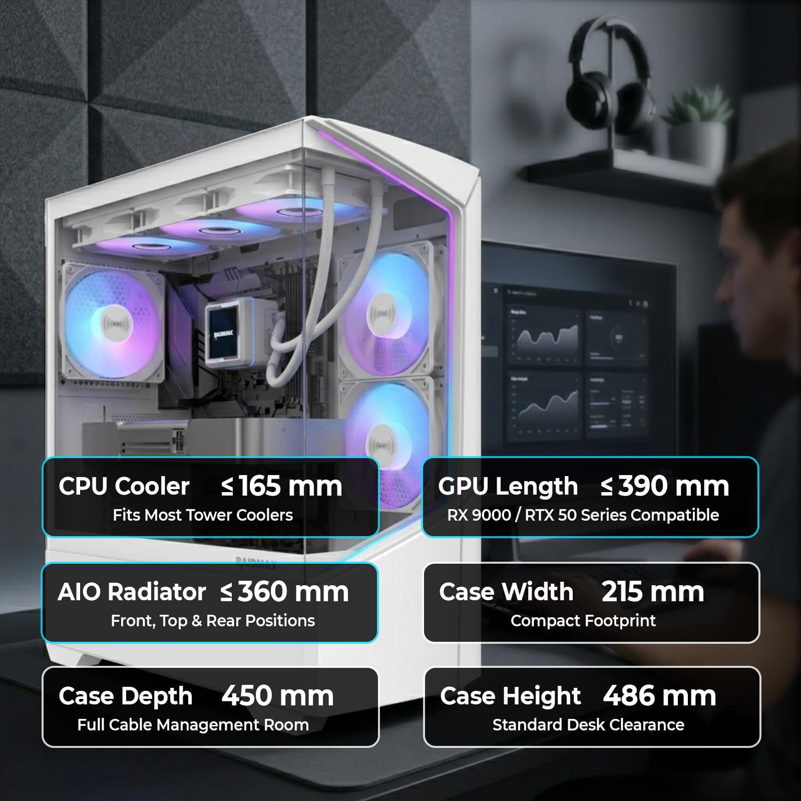 RAIDMAX i812 - Custodia per PC da gioco panoramica, innovativa vetrina in vetro temperato con pannello frontale a strisce LED ARGB, 3 ventole ARGB da 120 mm preinstallate, supporta AIO da 360 mm e GPU