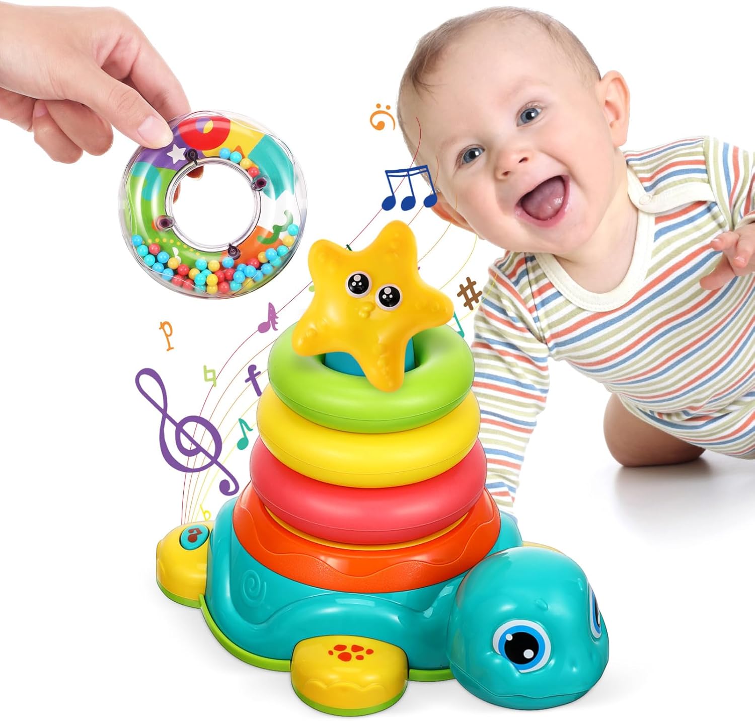 Toyvian Baby Stacking Toy: Toddler Musical Stacking Rings with Light and Sound - Cartoon Turtle Sensory Development Montessori Stacker