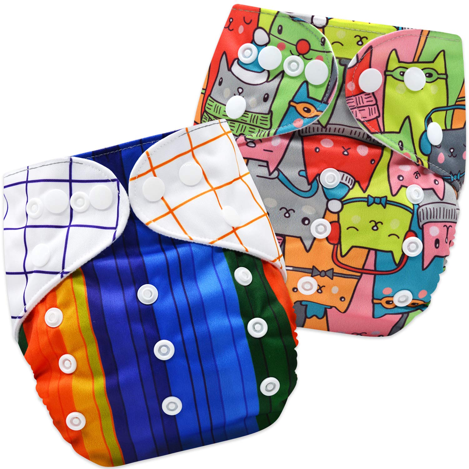 BEMBIKACloth Diapers for Babies, Washable Reusable, Adjustable Sizes (2 Combo) (No Inserts Included)(Neo Cat Doodle + Pencil)