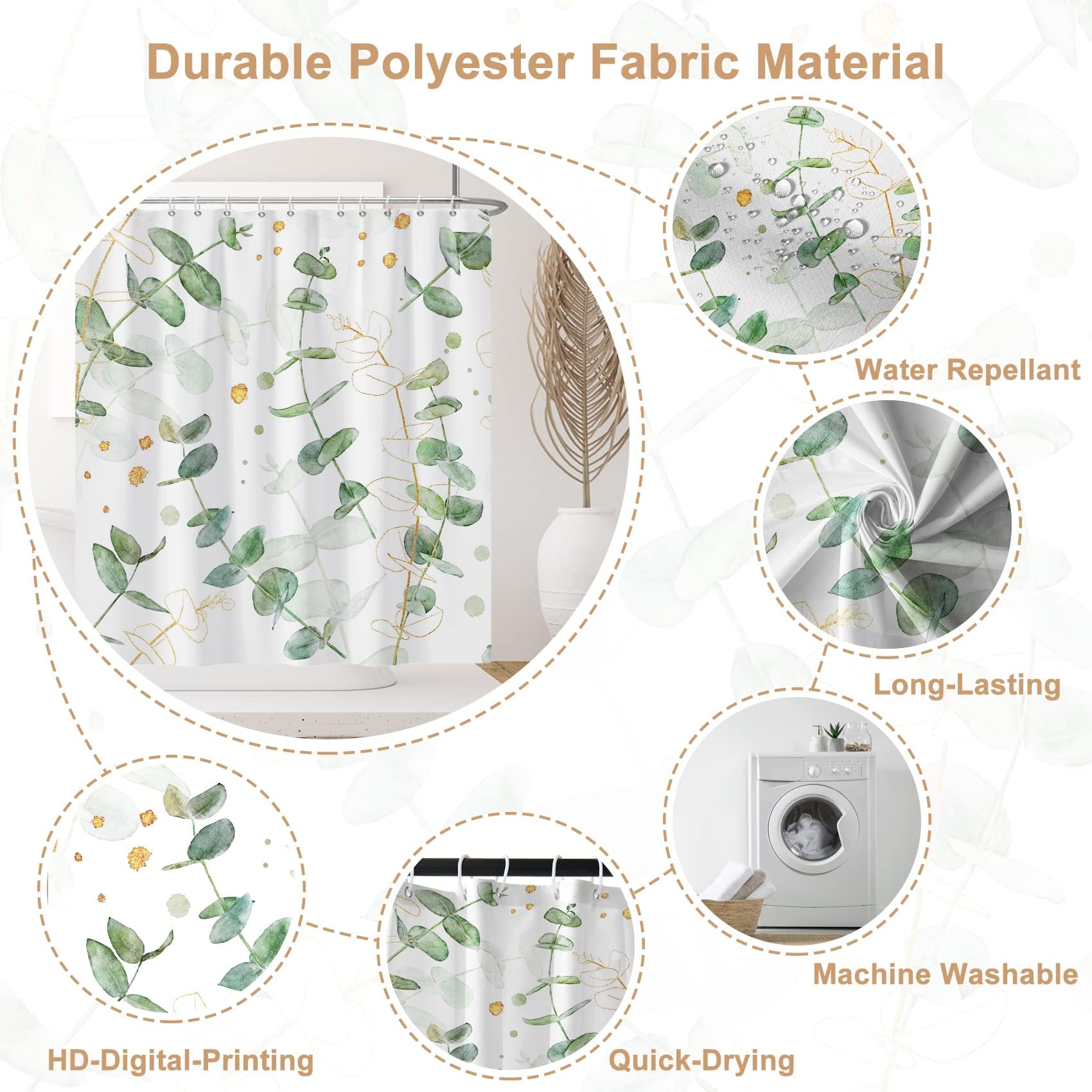 Ruelvth Green Eucalyptus Shower Curtain, Spring Watercolor Plant Leaves With Floral Shower Curtain For Bathroom Waterproof Fabric Shower Curtain Set With Hooks, 72x72 Inch