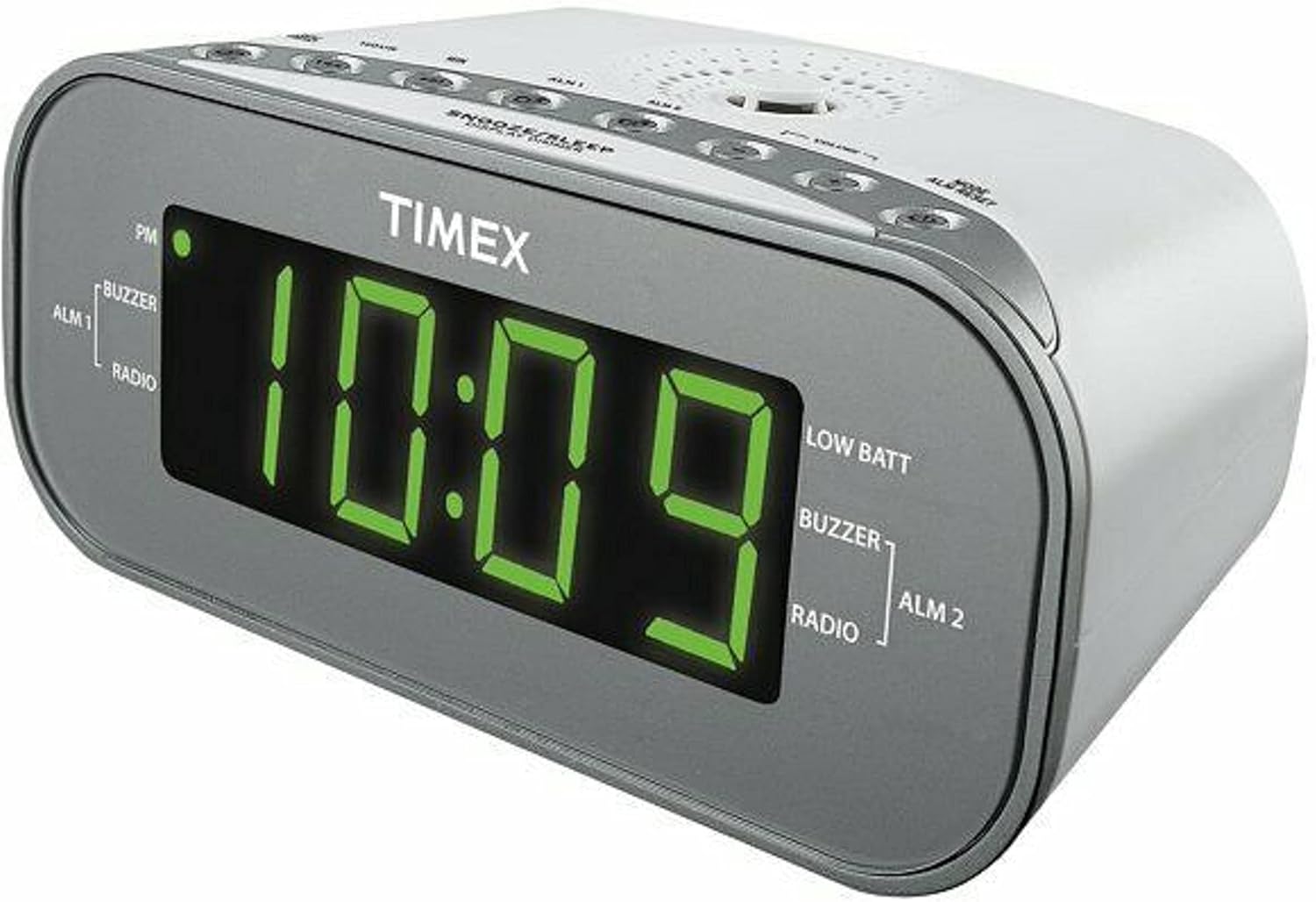 Timex T231W2 AM/FM Dual Alarm Clock Radio, front view with green LED display showing 10:09 and various indicators.