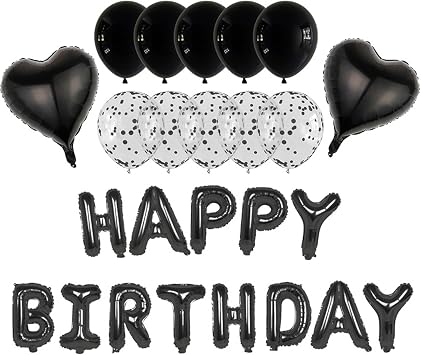 25Pcs Black Happy Birthday Banner & Balloons Set - Men Women Party Decor | Self-seal foil letters+heart/confetti balloons. with Straw & Ribbon, no pump. Durable, resists burst.