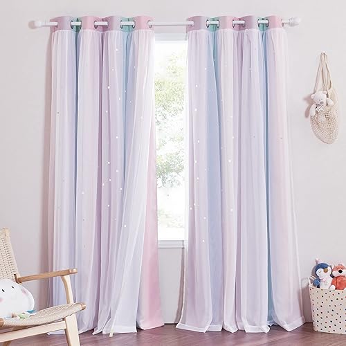NICETOWN Girls Bedroom Curtains 72 Inch Length White Sheer Overlay Thermal Insulated Curtains for Bedroom (W52 x L72 inch, Purple & Blue & Pink, One Pair Grommet Drapes, Tie Backs Bonus)