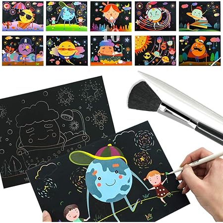 Amazon Co Jp スクラッチペーパーセット 10枚入り カラースクラッチアート 水彩画兼用 無味 Diy手作り かわいい 子供 プレゼント スクラッチペン ブラシ 手提げパック付き 天体 ホビー