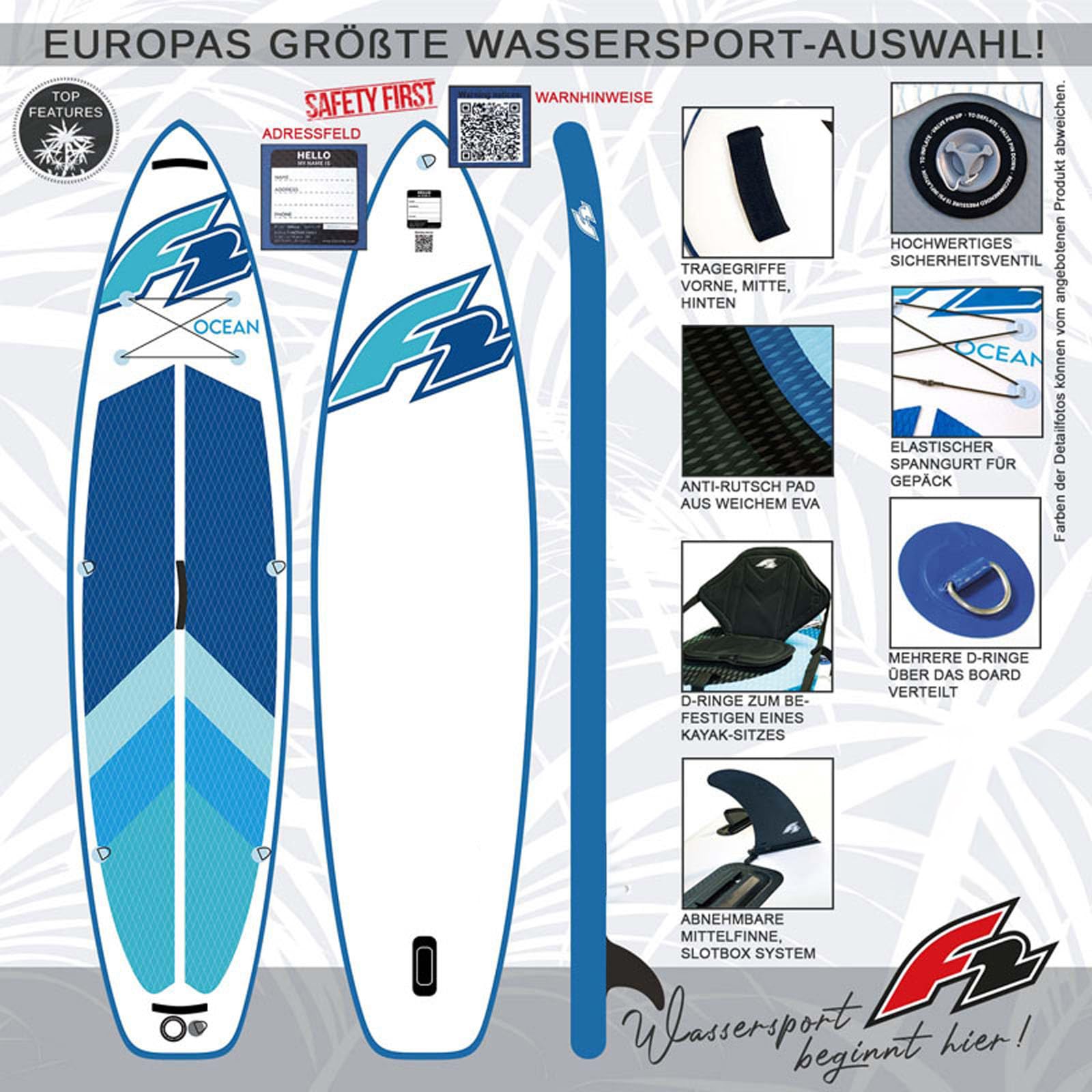 F2 Marken Stand Up Paddle Board Ocean SUP Zubehörpaket wählbar, SUP Board aufblasbar, Inflatable Paddel Board, Kajakpaddel, Kajak Sitz, Paddling Board mit Zubehör, Paddelbrett