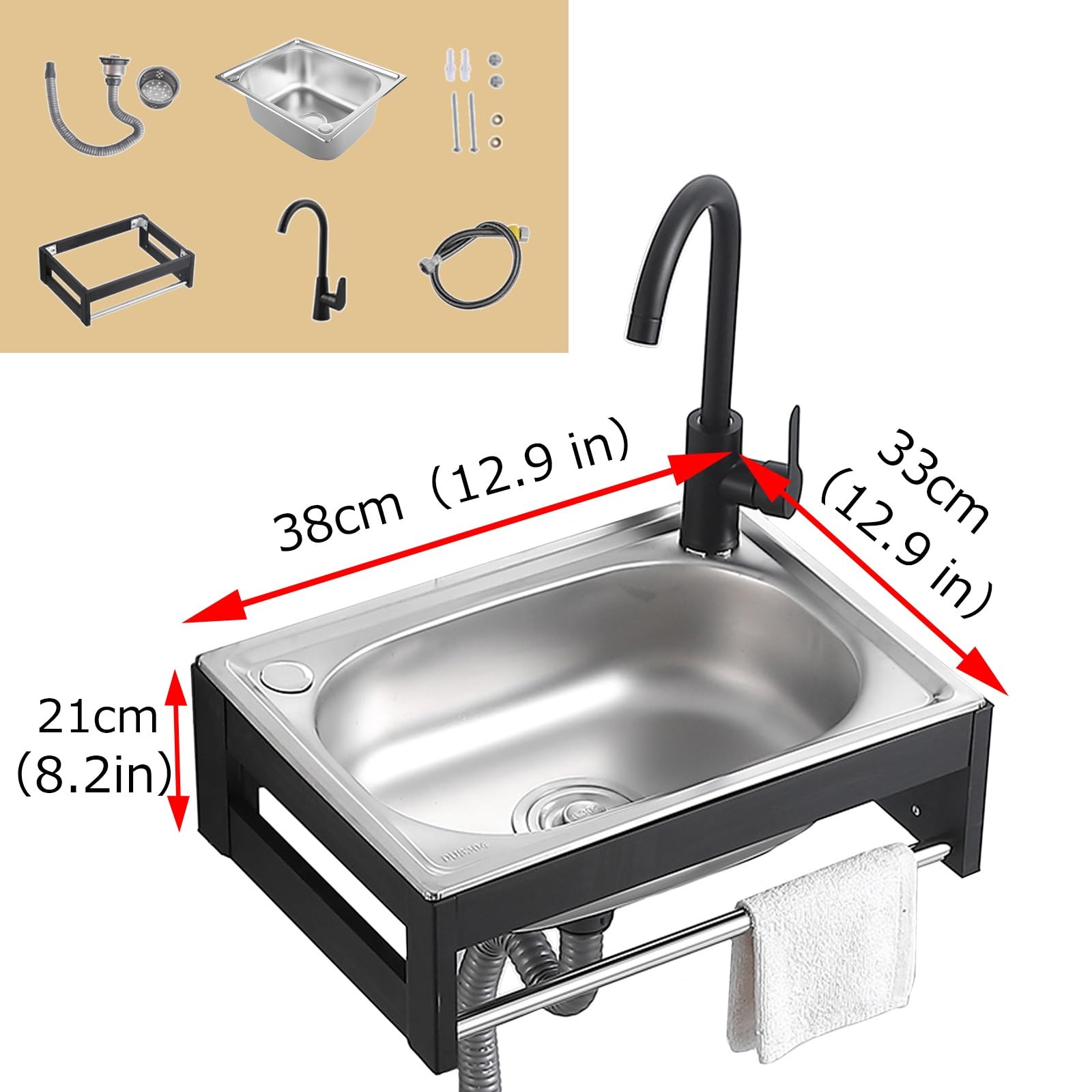 Generico Lavello Indipendente in Acciaio Inossidabile - Lavello da Cucina/Bar a Parete con Rubinetto e Tubo, lavabo a Vasca Singola per Lavanderia, ripostiglio, Garage, Cantina