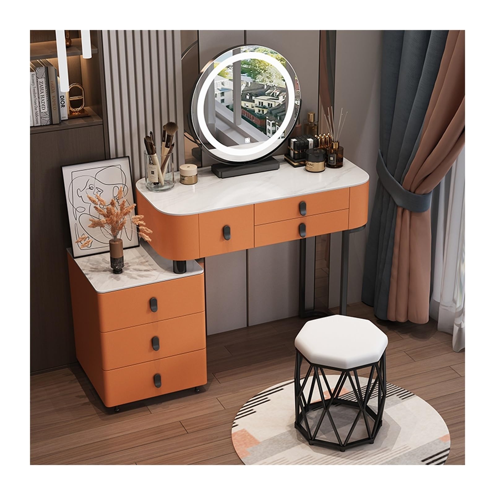 CGCSYZ Vanity Desk Modern White Vanity Table, Vanity Desk with LED Mirror and Bedside Table, Dressing Table for Girls and Women Makeup Dressing Table (Orange Round Stool 120cm)