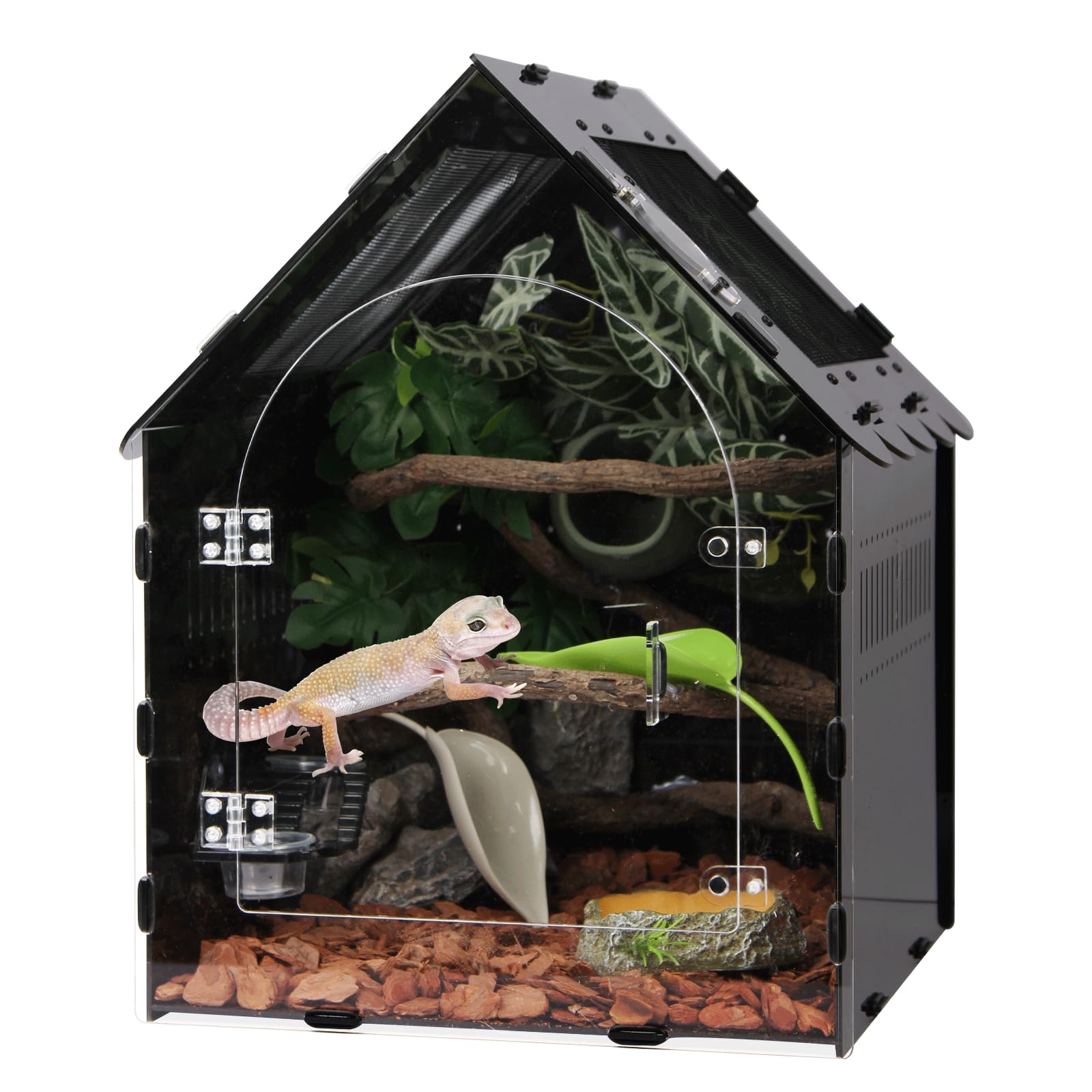 Reptile Terrarium 12.4x12.4x16.2 - Magnetic Front Opening Acrylic Reptile Enclosure, Escape-Proof Black Acrylic Cage for Crested Gecko, Tarantula, Scorpion &amp; Arboreal Pets with Feeding Lid &amp; Wave Roof