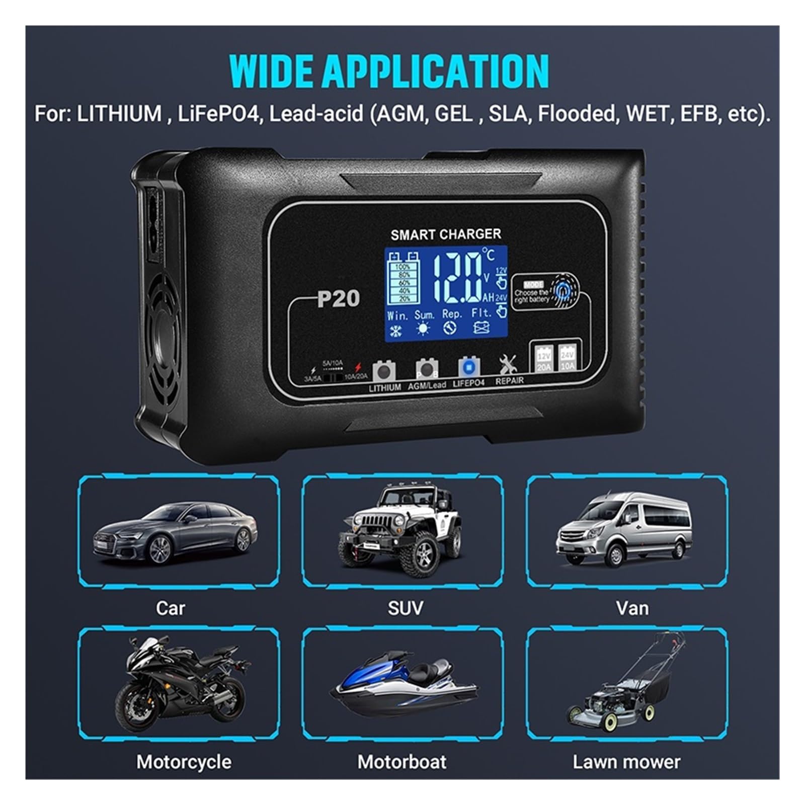 Cargador De Batería Inteligente 10/15/20A 12V/24V LCD Carga Reparación Pulso Automático For Coche Moto Litio Plomo-ácido Potente Carga Rápida(10A 20A)