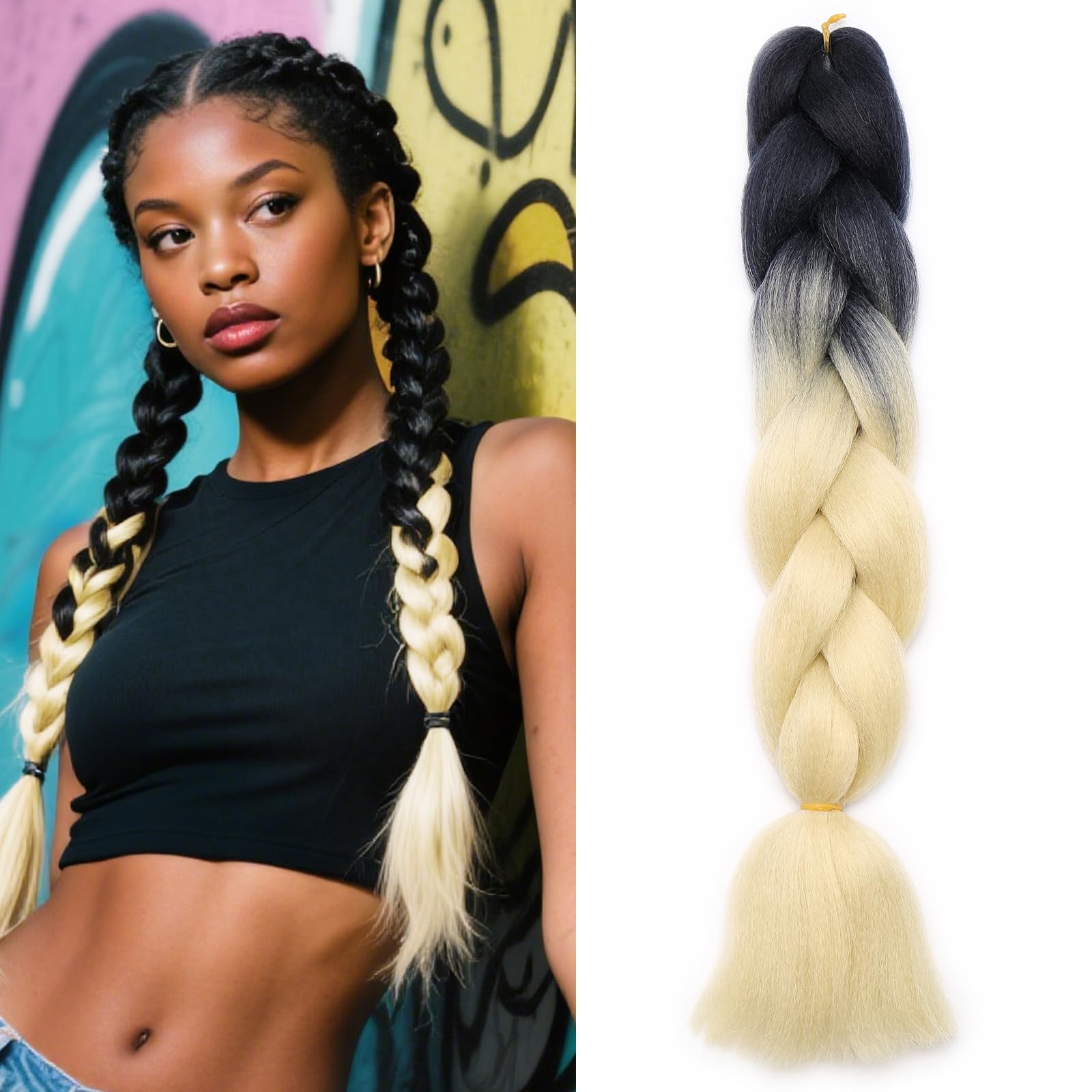 Benehair Braid Extensions 24 Inches Ombre Jumbo Braiding Hair Colorful Synthetic Hair Extensions for Braiding Hair Extensions for Women(Black/Light Blonde