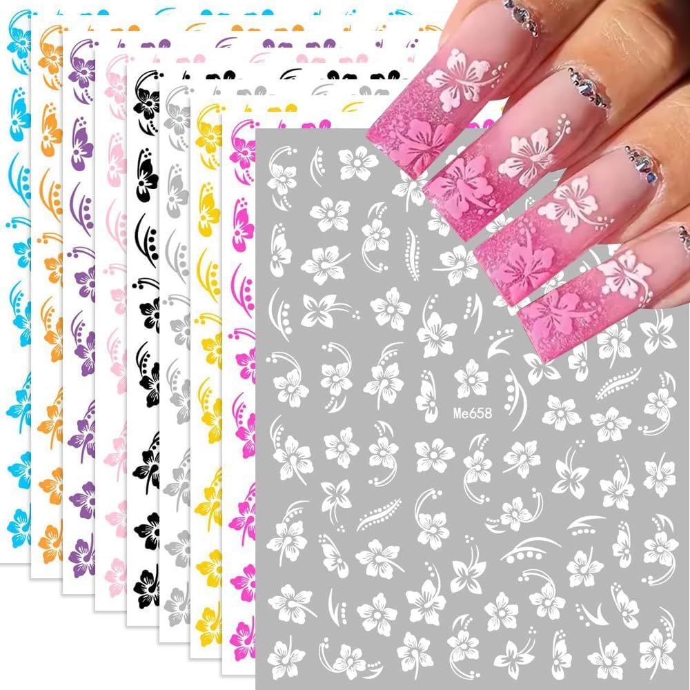 Flower Nail Stickers, 9Sheets Hibiscus Flowers Nail Decals 3D Self-Adhesive Blue Hot Pink Colorful Tropical Flower Summer Hawaiian Floral Nail Design Manicure Accessories for Women Girls