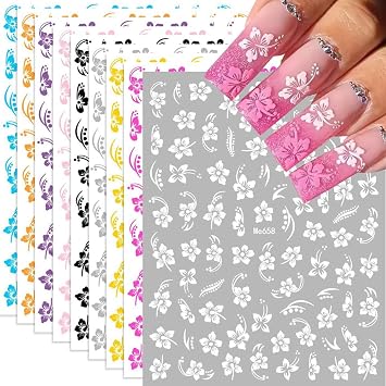 Flower Nail Stickers, 9Sheets Hibiscus Flowers Nail Decals 3D Self-Adhesive Blue Hot Pink Colorful Tropical Flower Summer Hawaiian Floral Nail Design Manicure Accessories for Women Girls