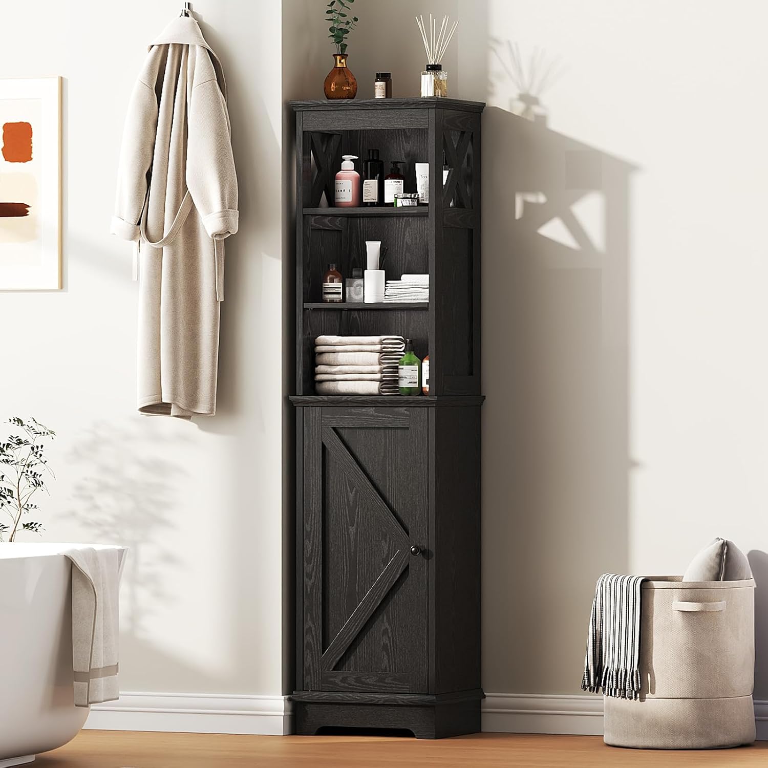 Viroformo 60.9" Narrow Bathroom Storage Cabinet - Farmhouse Tall Tower with Door, Adjustable Shelves, Black Freestanding Organizer for Kitchen Entryway