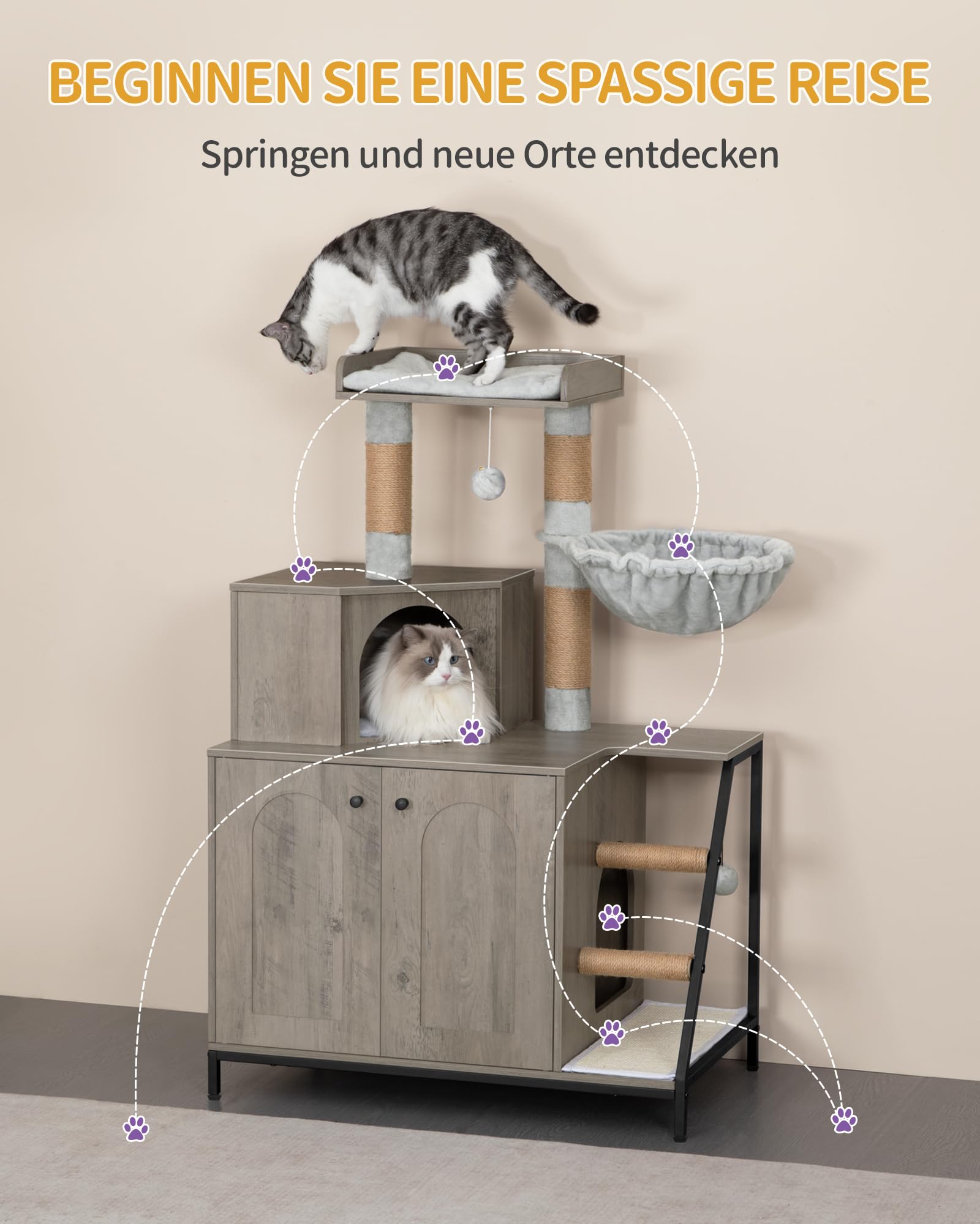 Hzuaneri Kratzbaum mit Katzenklo-Schrank, Katzenschrank, 4-in-1 Modernes Katzenhaus mit Großer Plattform, Katzenhaus mit Sisal-Kratzmatte, Pfosten, Treppe und Pompom, Waschbare Kissen, Greige CB81005B