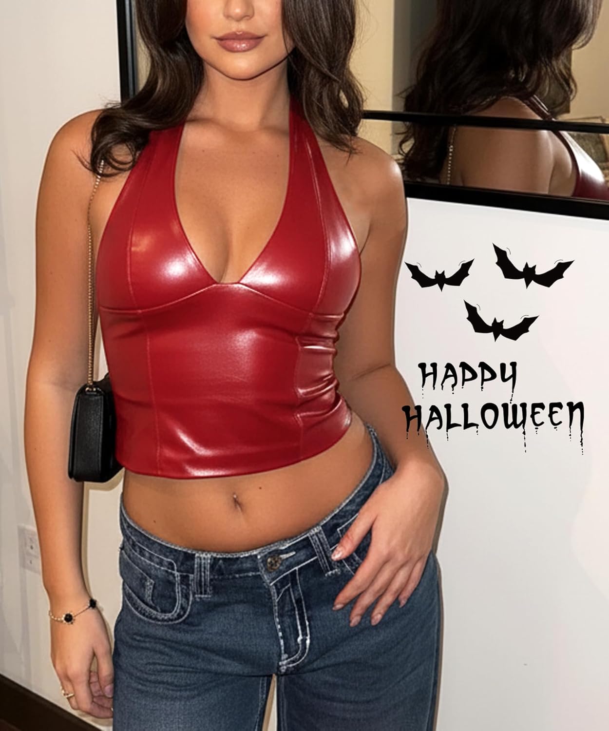 Navneet Women Sexy PU Leather Halter Crop Top Deep V Neck Backless Going Out Tank Top - Image 2